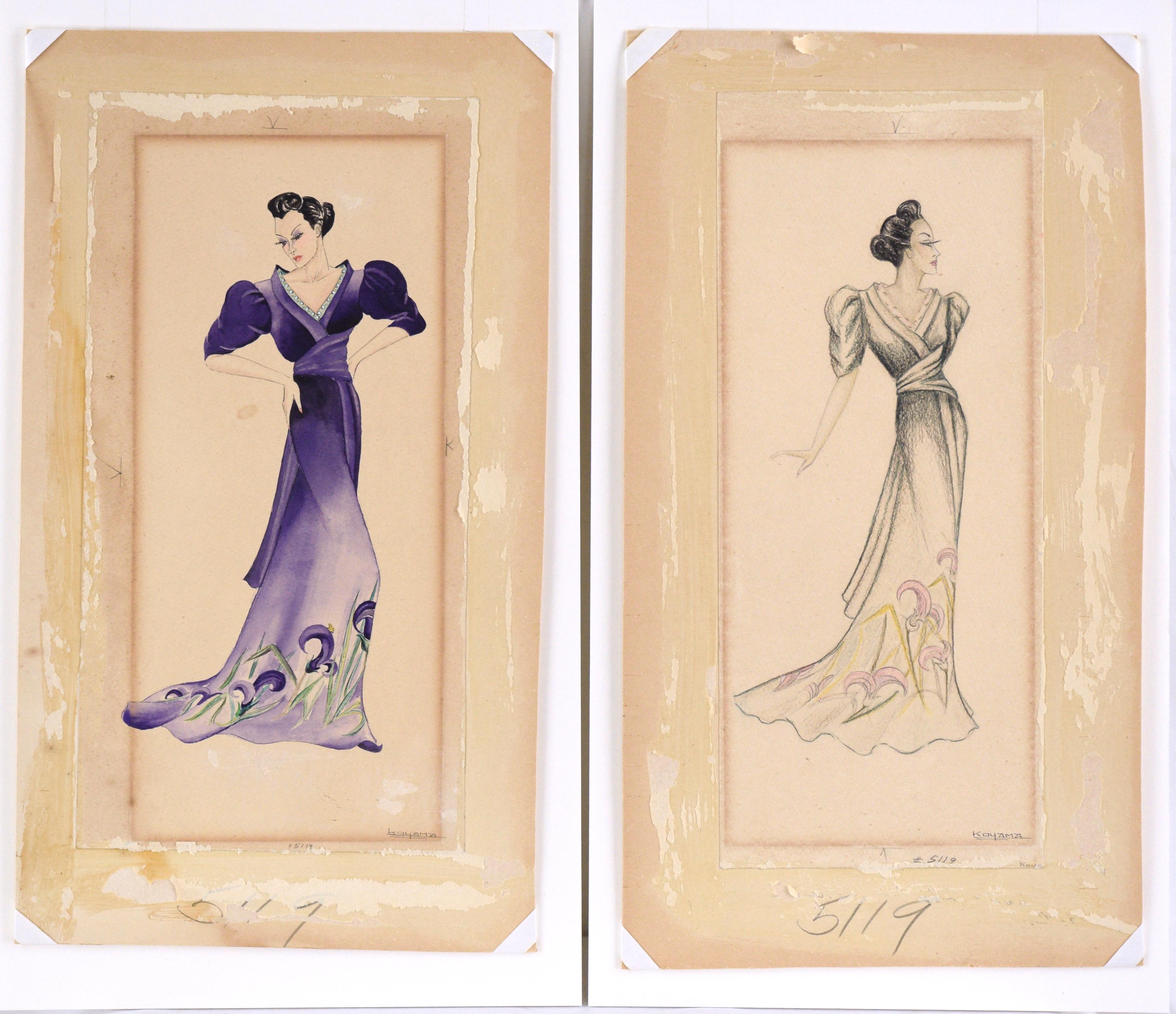 Purple Dress with Irises - Fashion Illustrations (Pair) in Gouache and Pencil  6