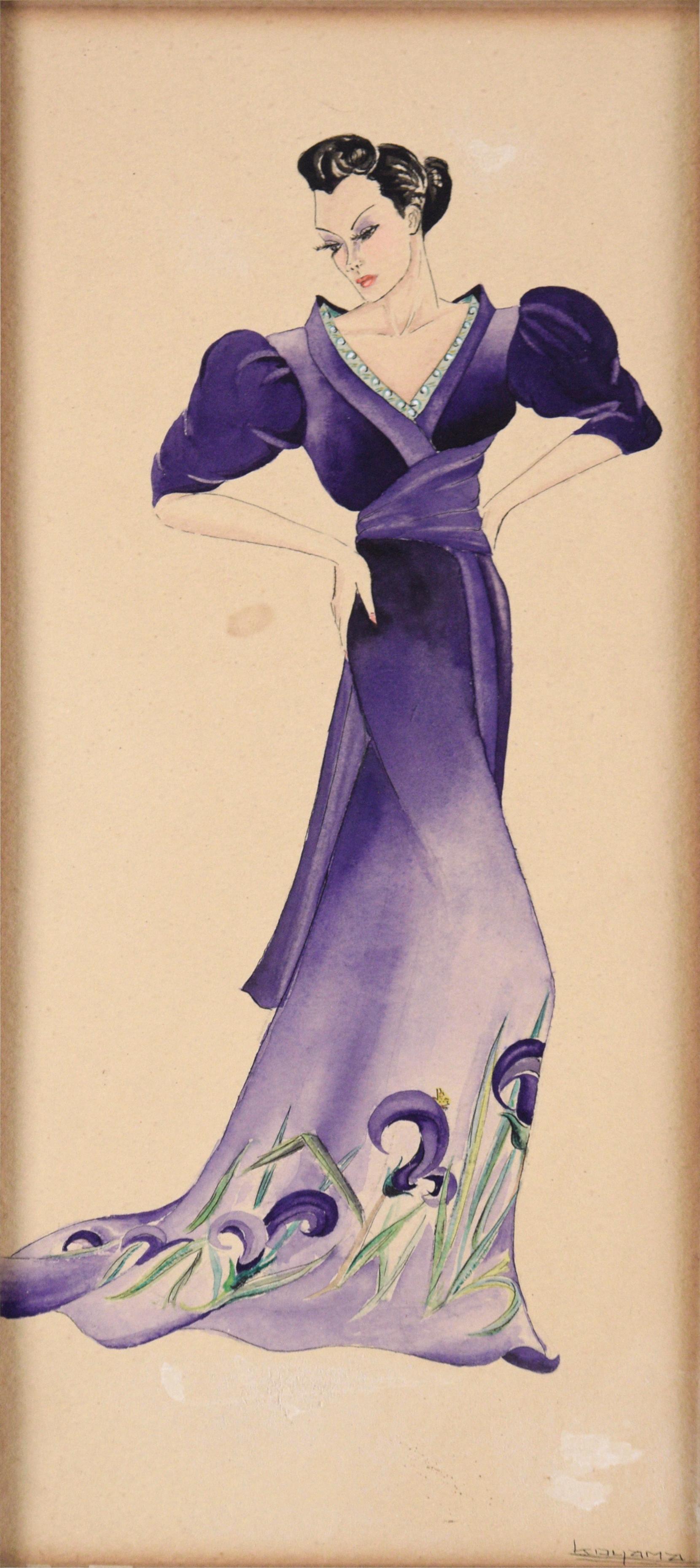 Purple Dress with Irises - Fashion Illustrations (Pair) in Gouache and Pencil  - Painting by Koyama