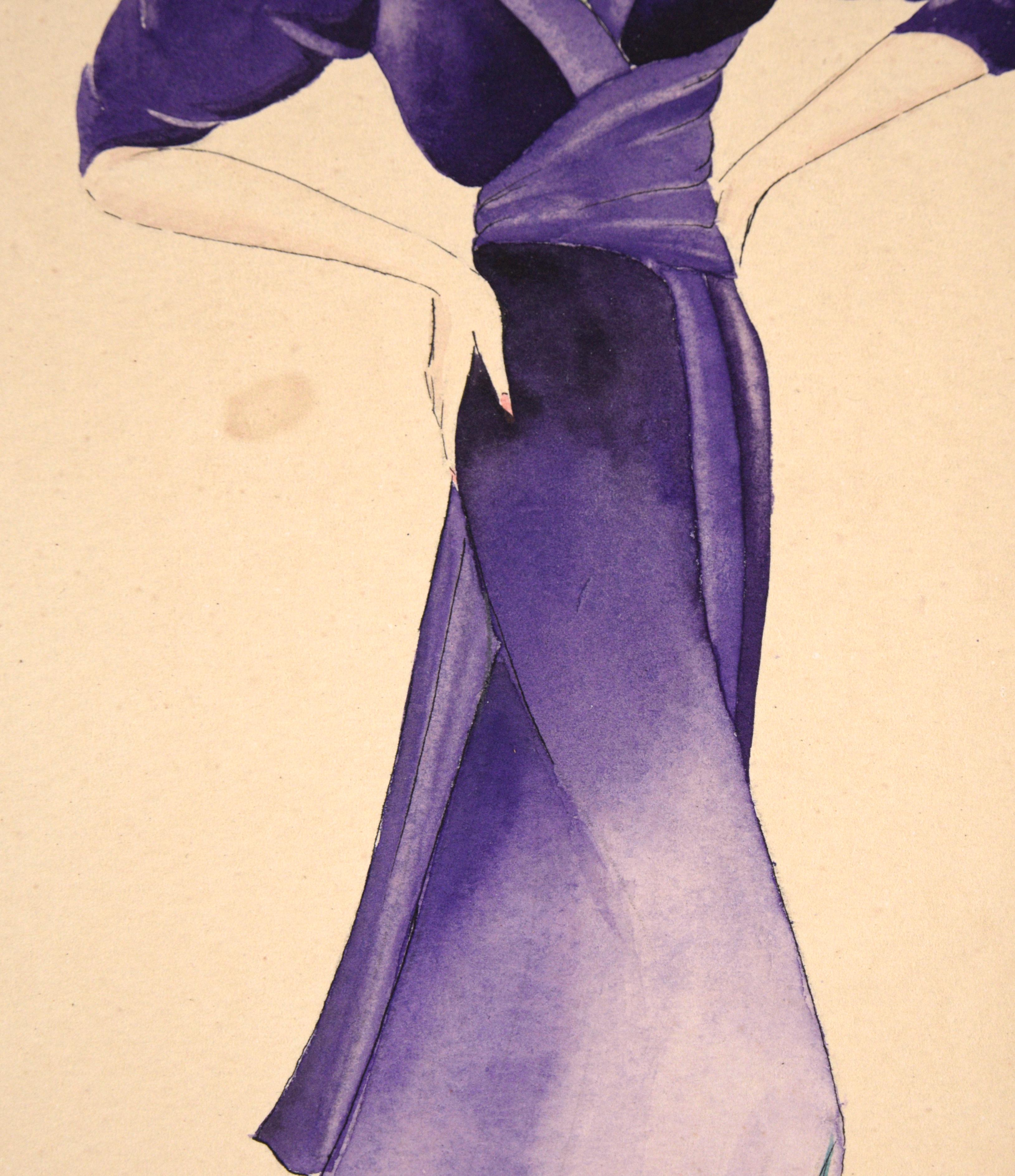 Purple Dress with Irises - Fashion Illustrations (Pair) in Gouache and Pencil  - Art Deco Painting by Koyama