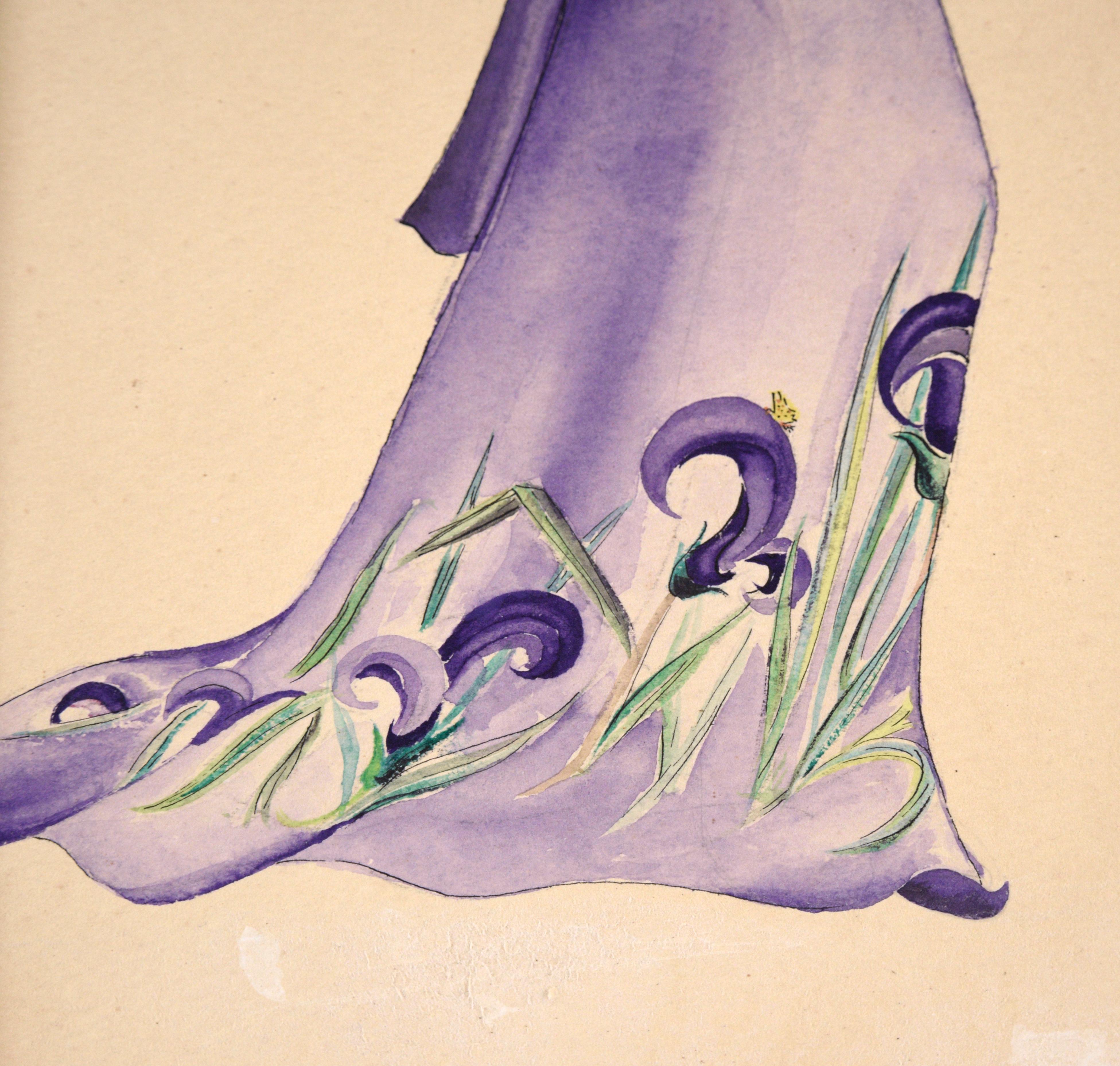 Pair of fashion illustrations by Koyama (20th Century). Two illustrations of the same dress, one with an additional layer of purple gouache. The figure depicted is tall and lean, with black hair pinned up. These pieces are in an art deco style, with