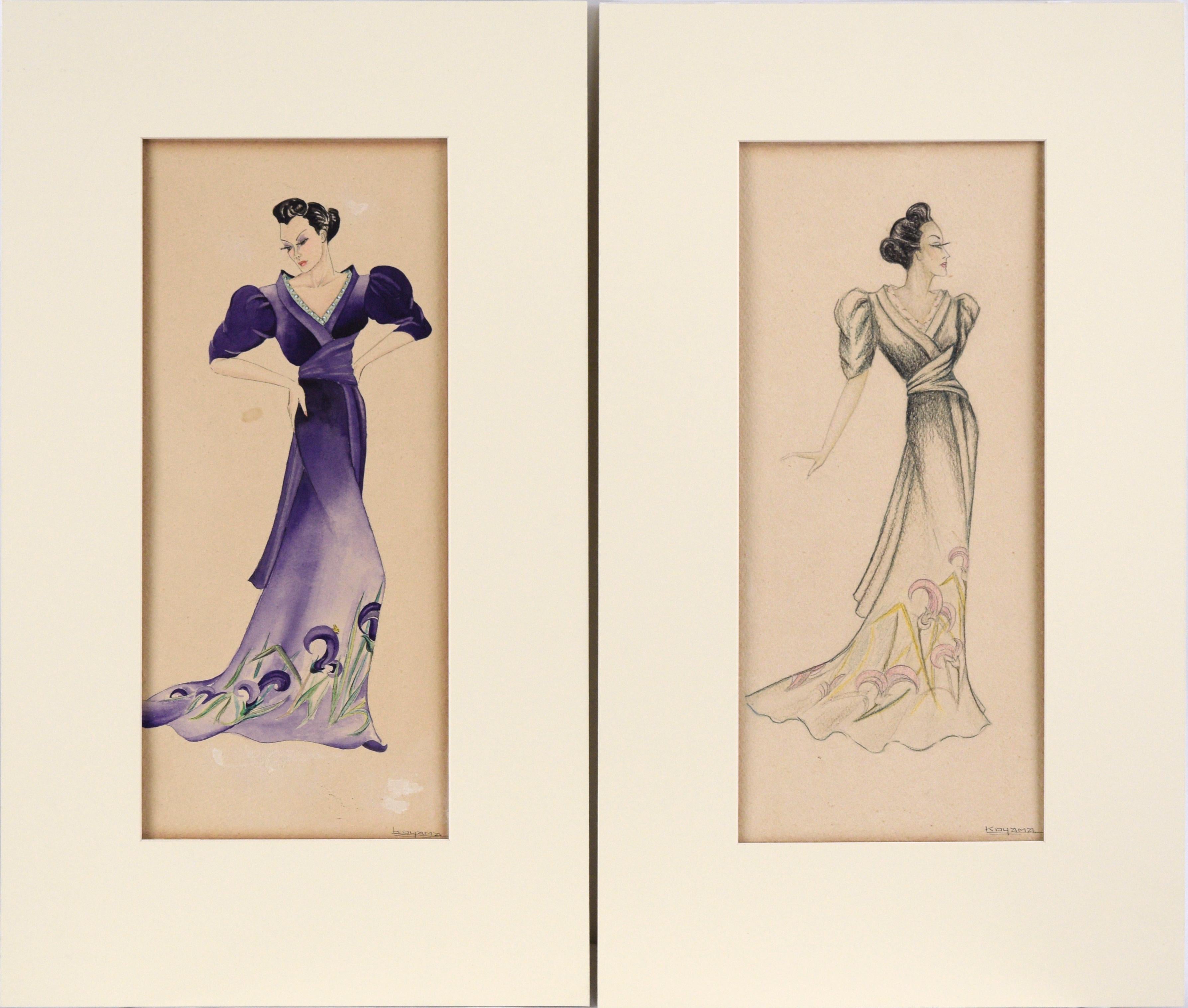 Purple Dress with Irises - Fashion Illustrations (Pair) in Gouache and Pencil 