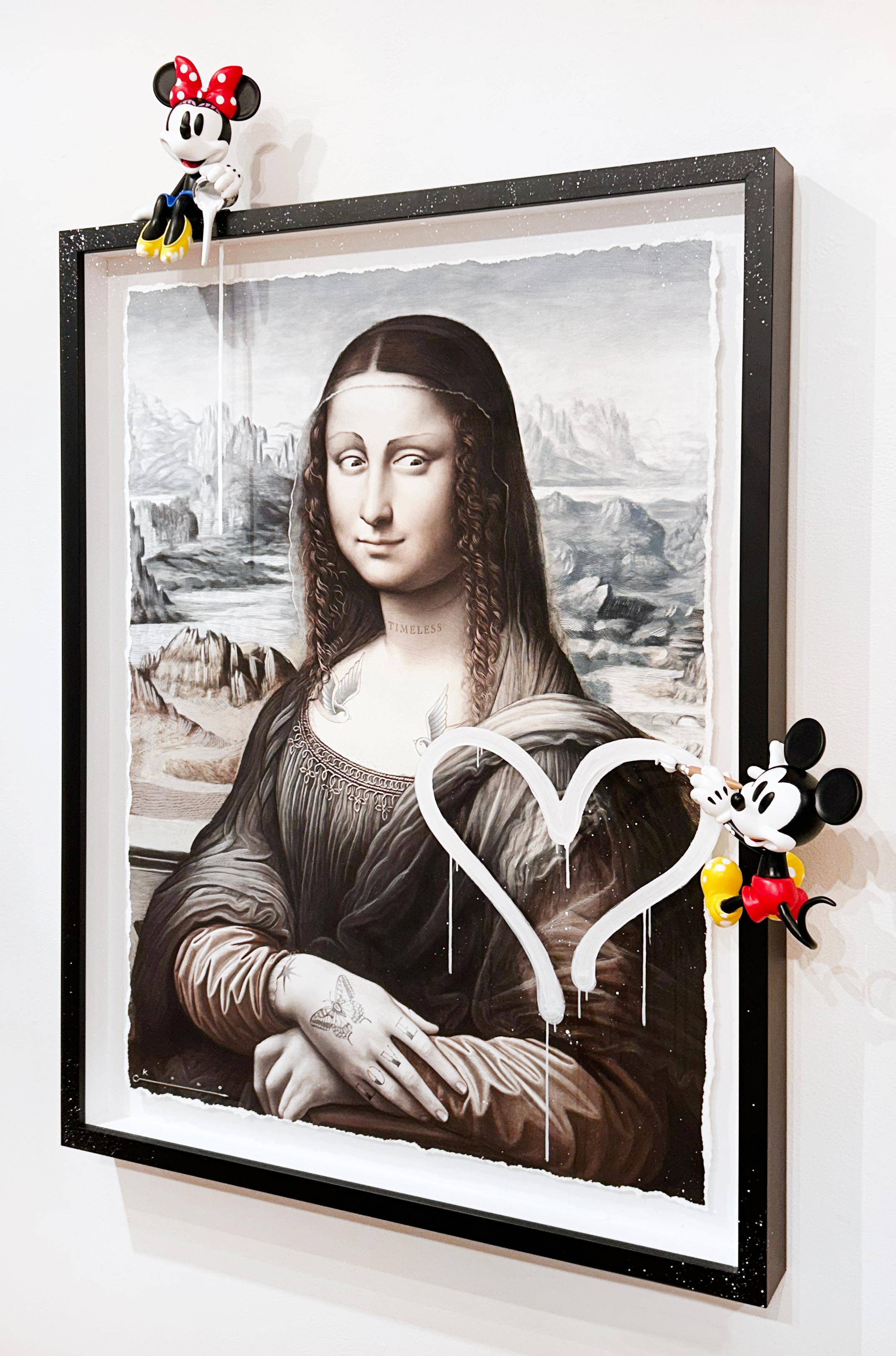 Artist:  , Kozo
Title:  Beyond the Canvas / Mona’s Mischief
Date:  2025
Medium:  Mixed media on paper with tattoo ink and hand painted figurines
Unframed Dimensions:  34