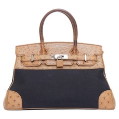KP NEW YORK INC brown leather trim black canvas satchel tote bag