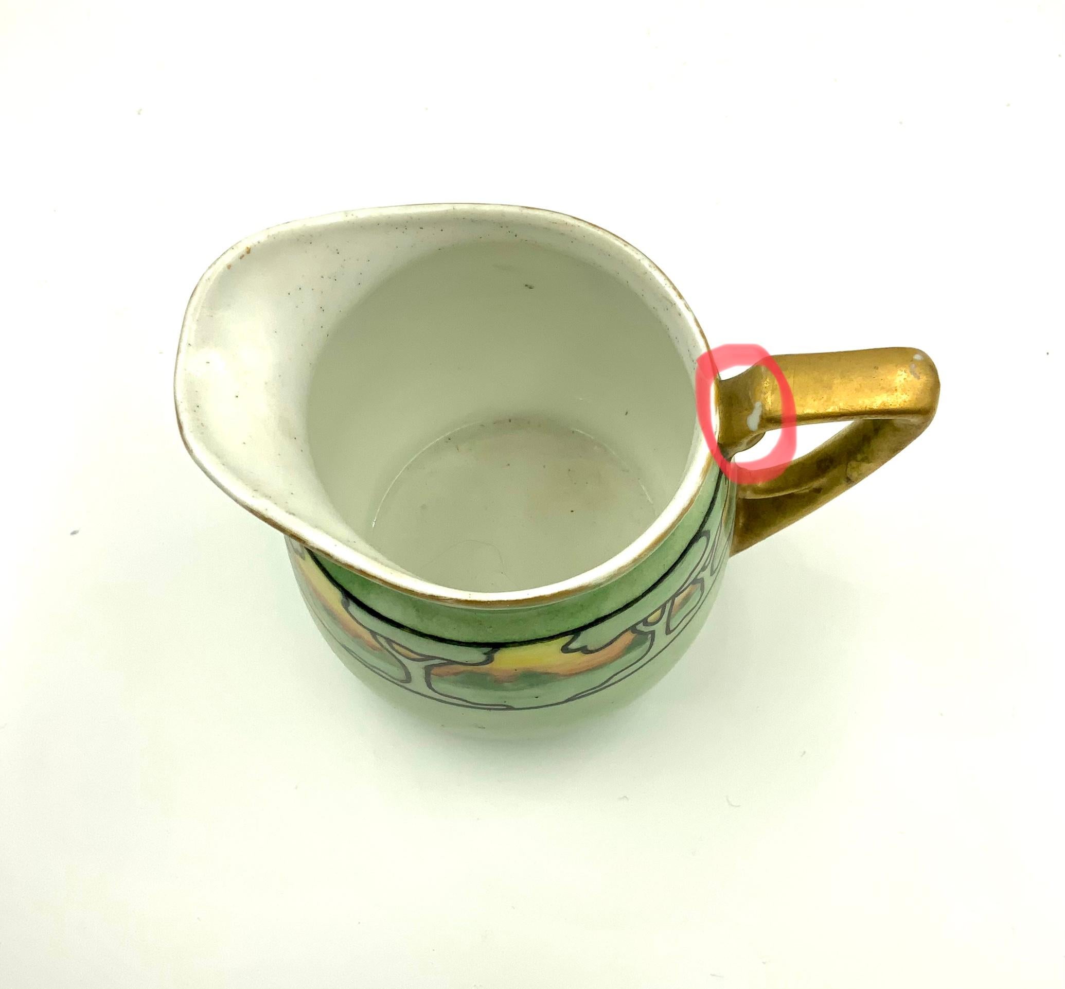 European KPM Art Nouveau Hand Painted Landscape Gilt Green Porcelain Sugar and Creamer