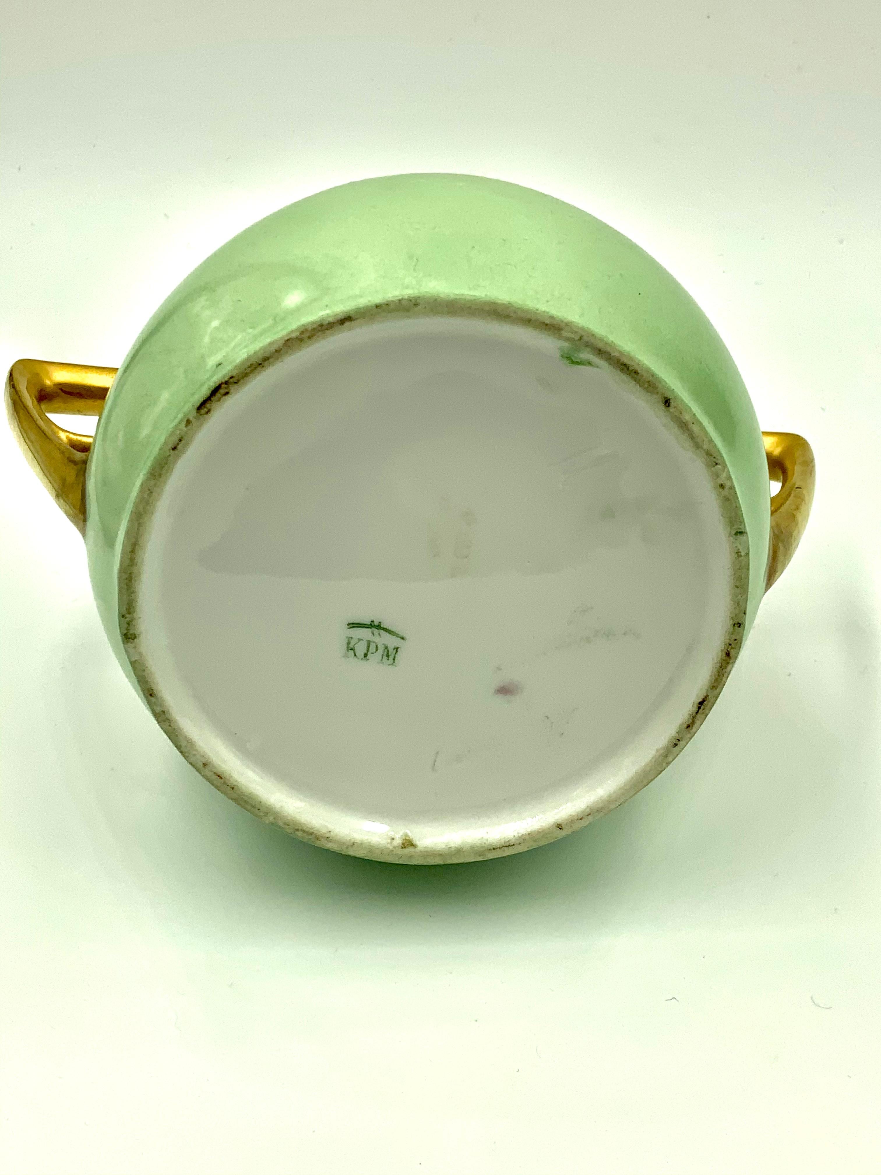 20th Century KPM Art Nouveau Hand Painted Landscape Gilt Green Porcelain Sugar and Creamer