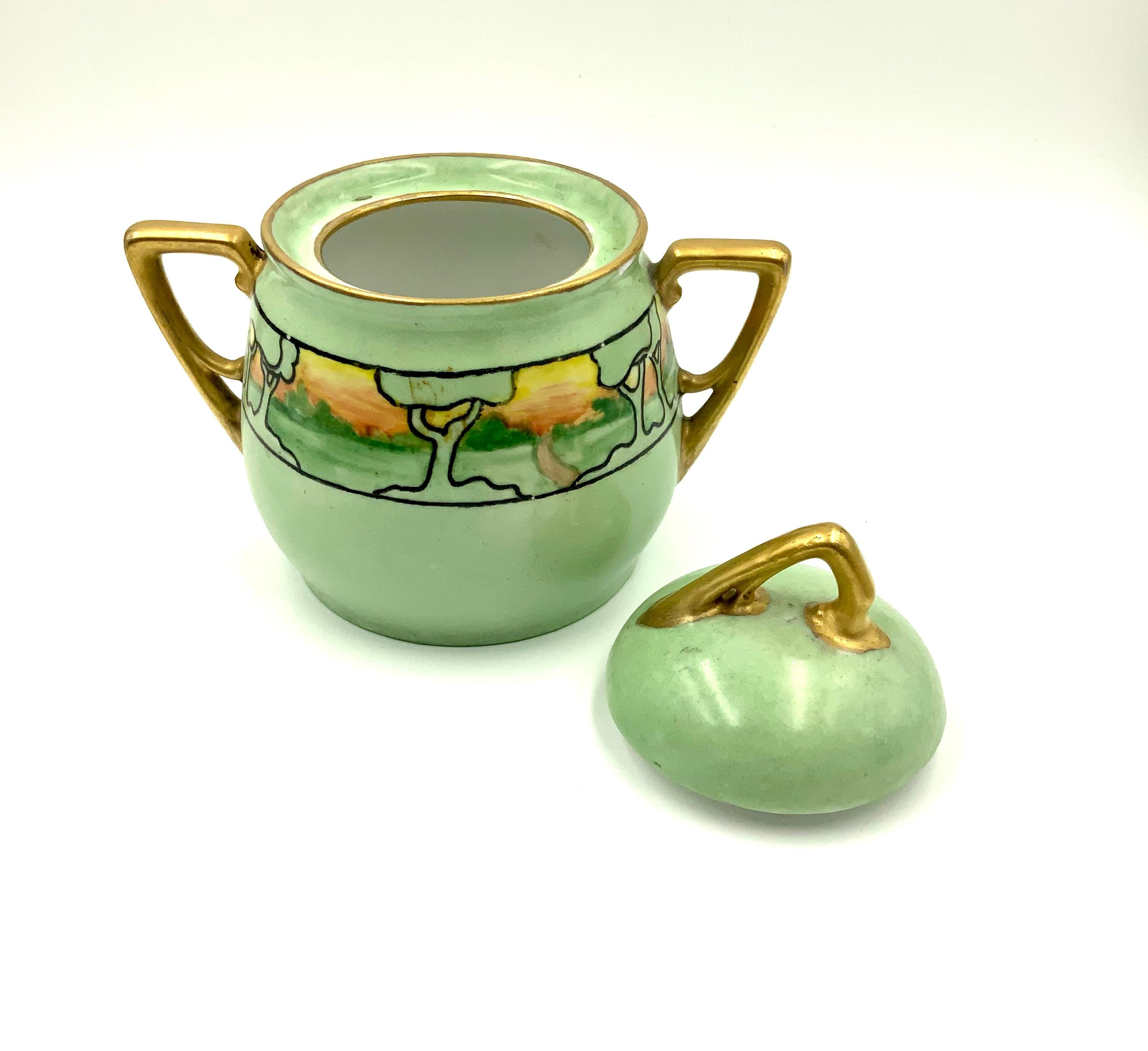 KPM Art Nouveau Hand Painted Landscape Gilt Green Porcelain Sugar and Creamer 1