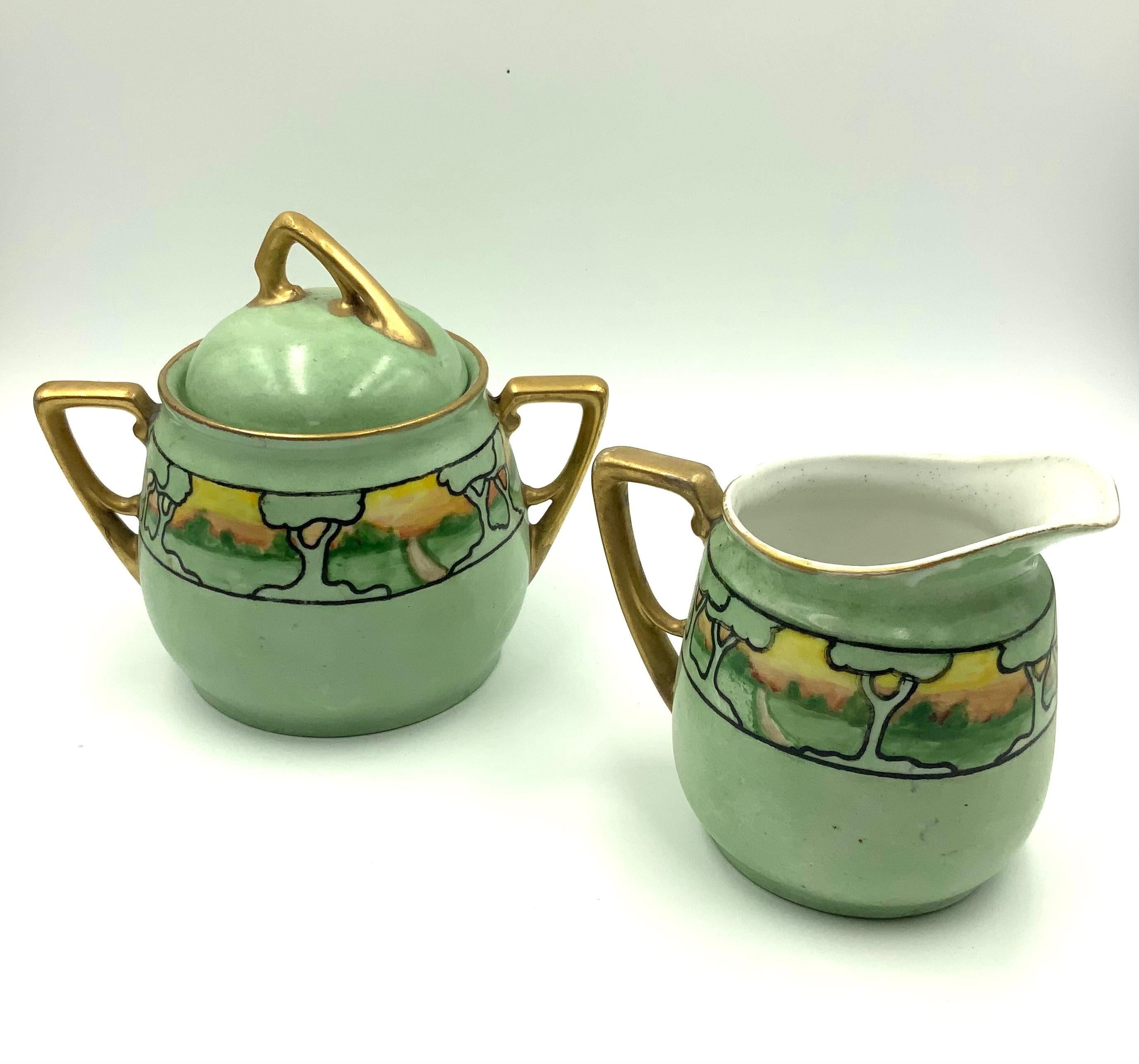 KPM Art Nouveau Hand Painted Landscape Gilt Green Porcelain Sugar and Creamer 2