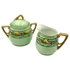 KPM Art Nouveau Hand Painted Landscape Gilt Green Porcelain Sugar and Creamer