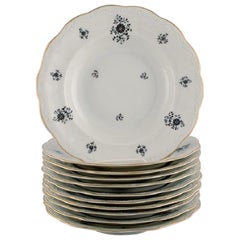 Vintage KPM, Copenhagen, 11 Rubens Deep Plates in Porcelain with Floral Motifs, 1940s