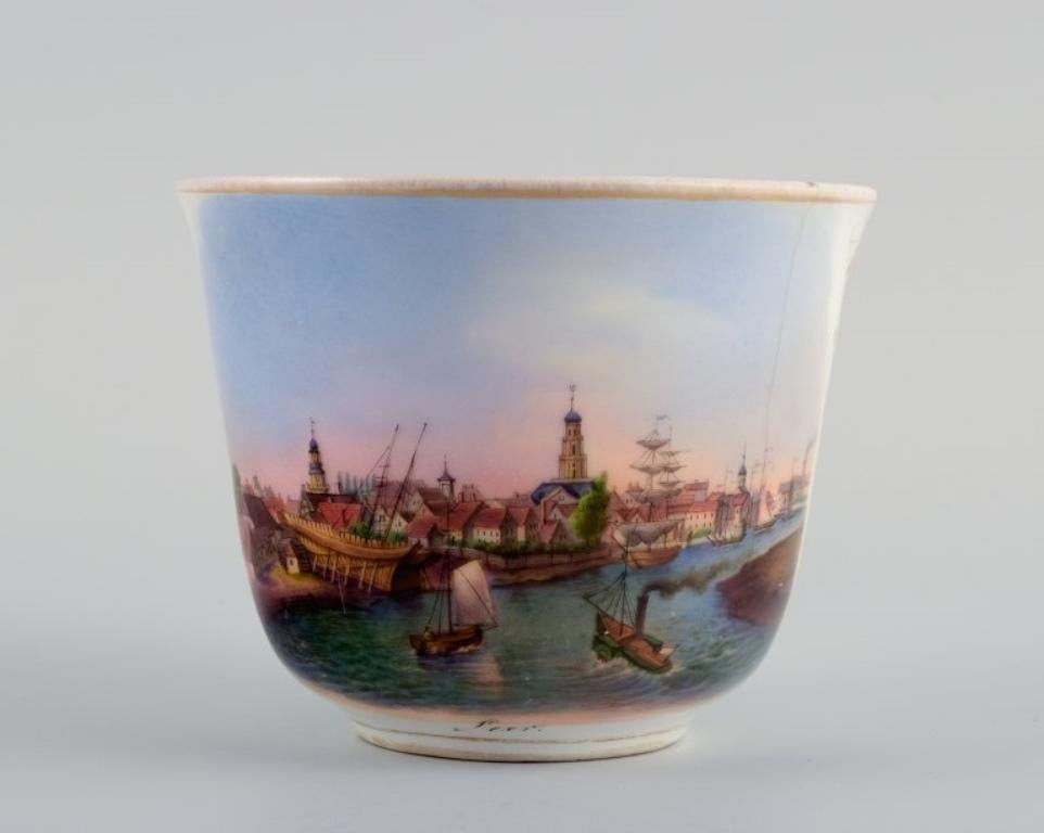 German KPM, Berlin, Antique Cup in Overglaze, Hand Painted with City Motif from Leere For Sale