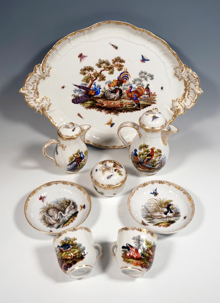 Manufactory: KPM Berlin - Royal Porcelain Manufactory Belin, Germany

Coffee service, consisting of 8 parts: lidded coffee pot, lidded milk jug, lidded sugar bowl, two cups, two saucers, oval serving platter.

Shape: New-osier - curved ribs and