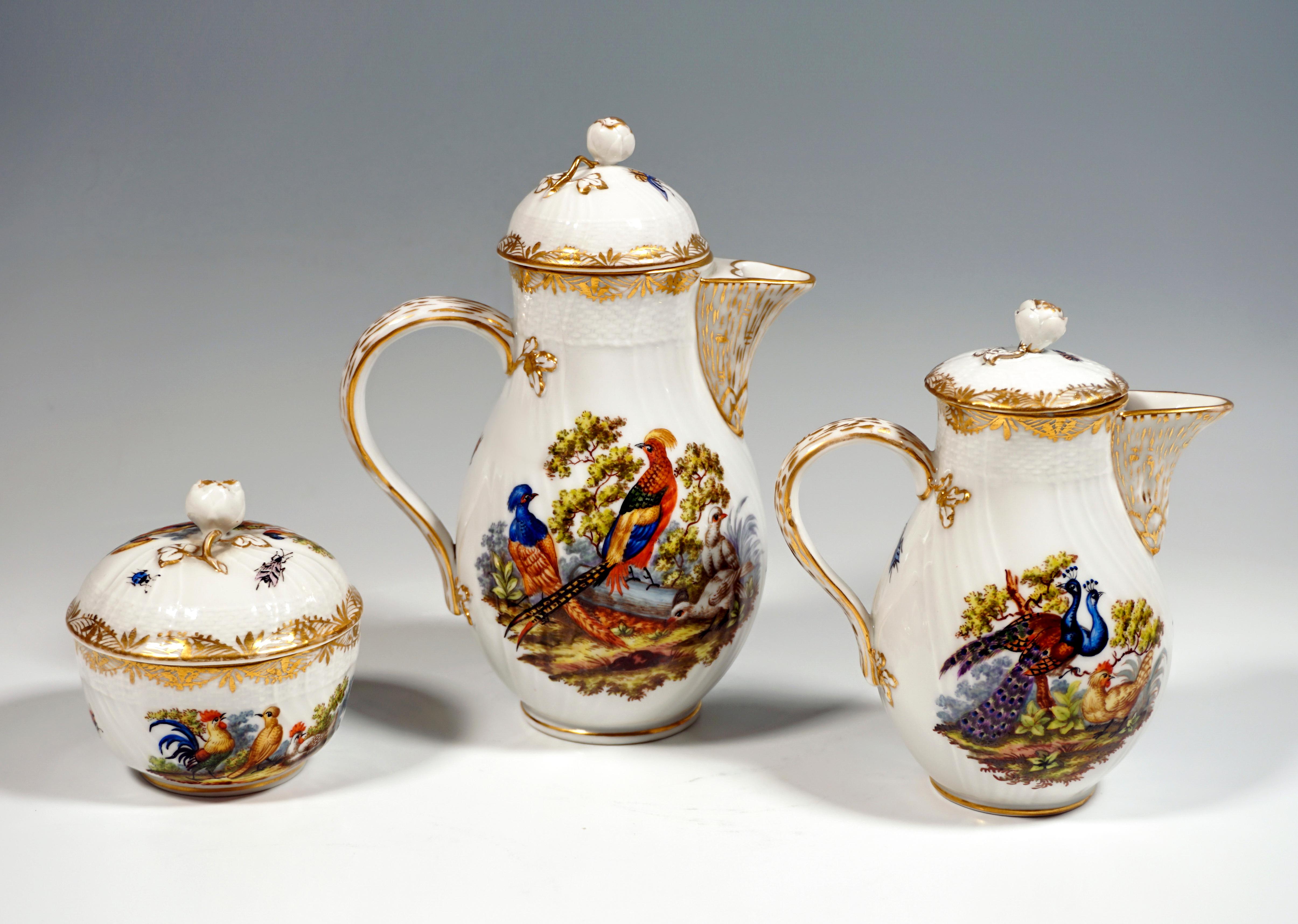 Hand-Painted KPM Berlin Coffee Set, Dejeuner for 2 Persons, Birds, Insects & Gold, ca 1900