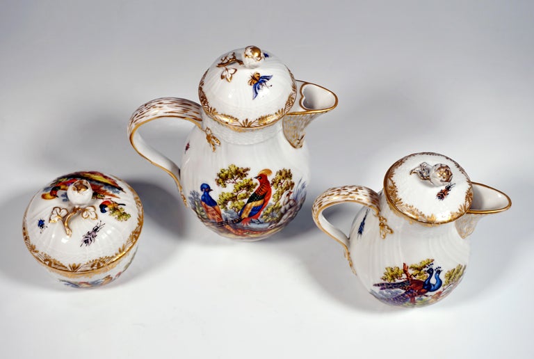 Early 20th Century KPM Berlin Coffee Set, Dejeuner for 2 Persons, Birds, Insects & Gold, ca 1900