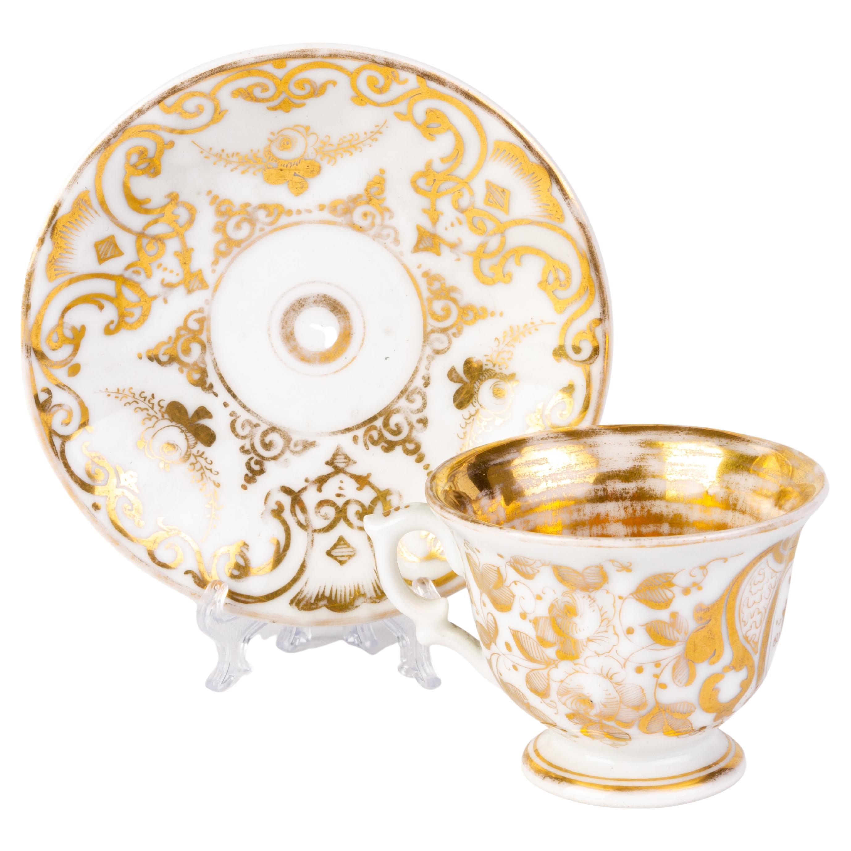 KPM Berlin German Fine Gilt Porcelain Tea Cup & Saucer ca. 1840 For Sale