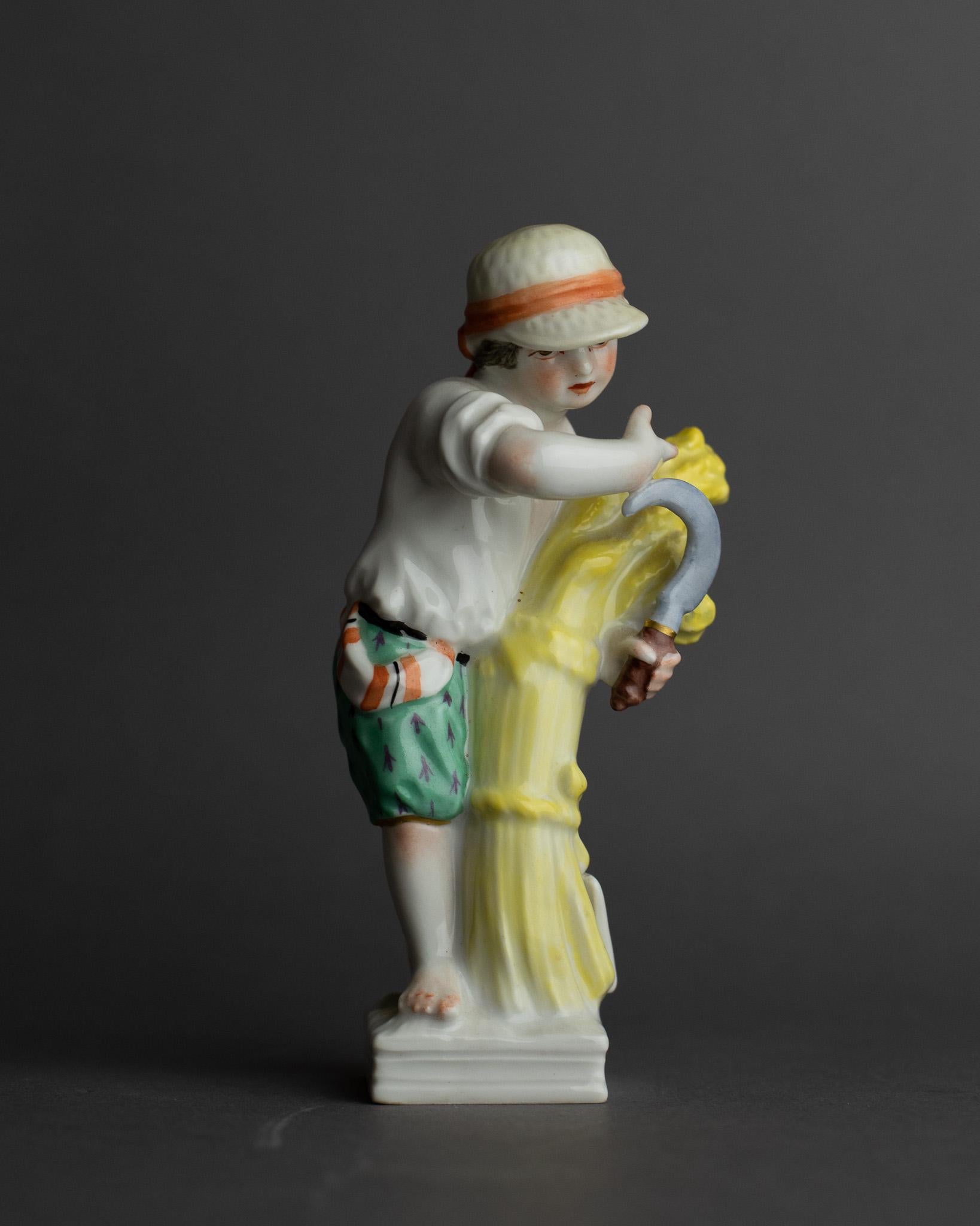 KPM berlin month figurine with zodiac sign 'Virgo', 1st choice, 20th c. White porcelain with polychrome setting, boy standing on square base, as an allegory of summer, from a series of 12 figures, after the designs of Friedrich Elias Meyer circa