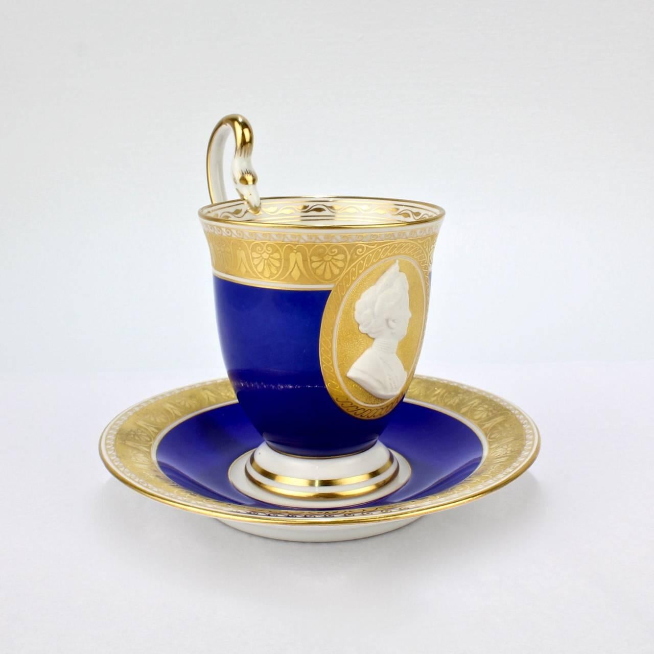 KPM Berlin Porcelain Blue Cameo Empress Augusta Victoria Portrait Cup & Saucer In Good Condition In Philadelphia, PA