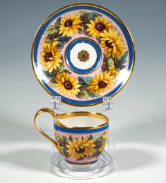 KPM Berlin Porcelain Collecting Cup, Sunflowers With Pink Blue & Gold, 1803-1817