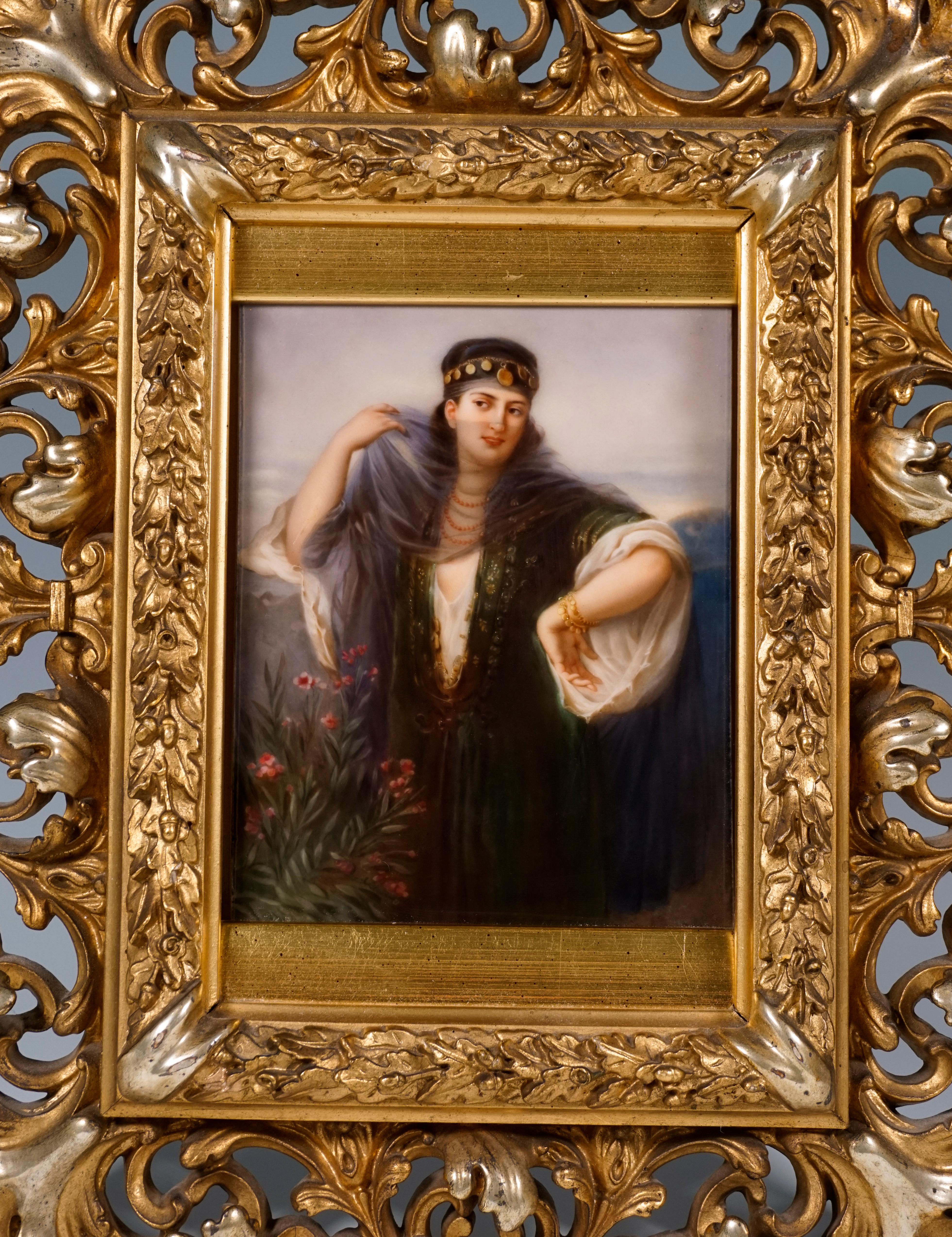 Biedermeier KPM Berlin Porcelain Picture Plaque Portrait of a Girl with Veil, ca 1830 For Sale