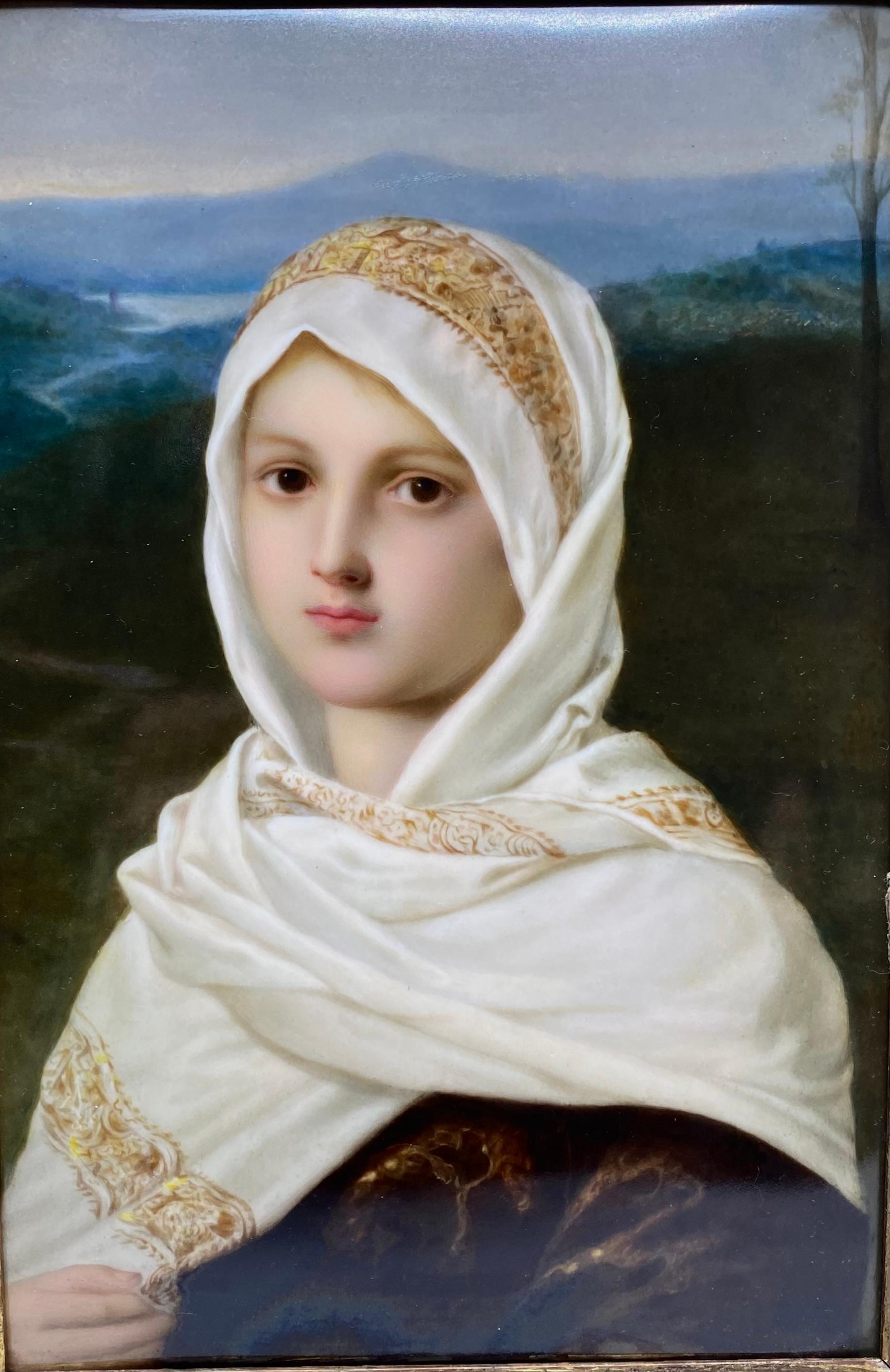 A fine K.P.M. Berlin porcelain plaque, after Friedrich August von Kaulbach, c. 1860. Beautifully painted, in Renaissance style, with a young girl, in an Italianate river landscape. She wears a silk drape, embroidered in gilt thread, which she clasps