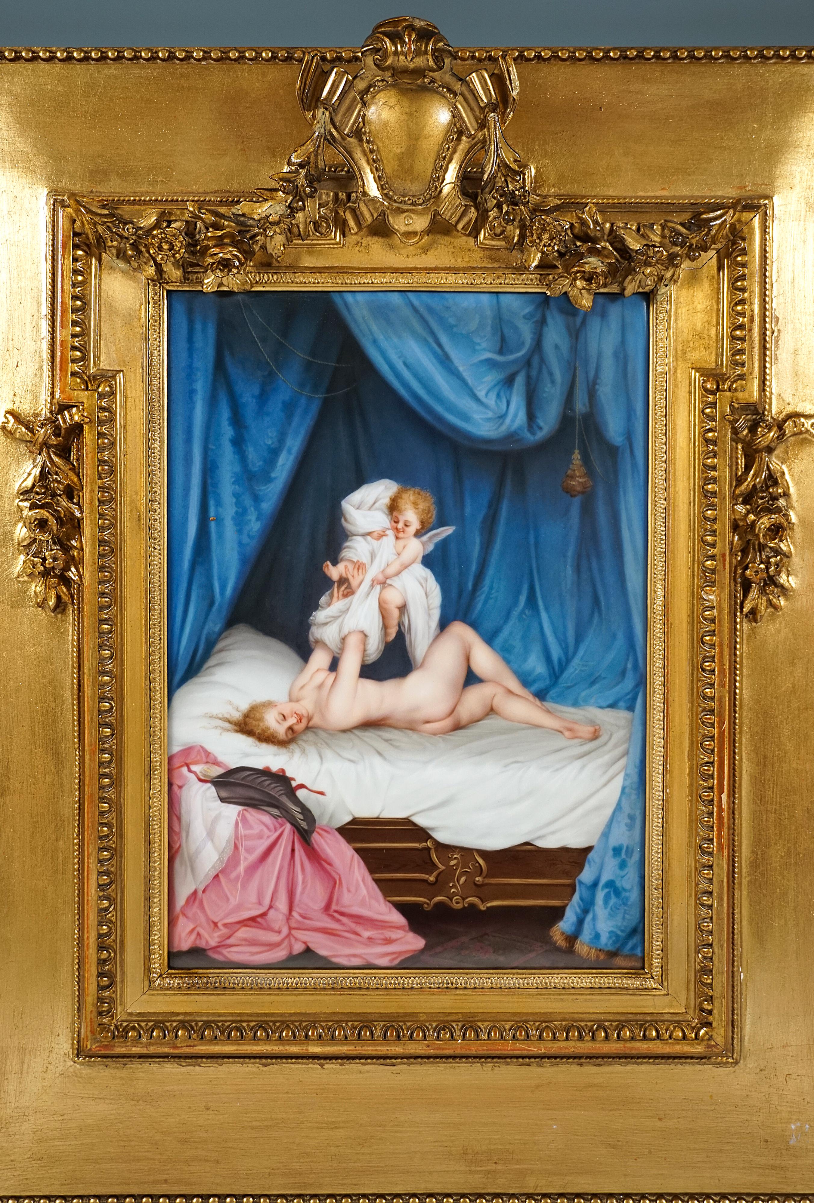 Biedermeier KPM Berlin Porcelain Plaque 'Amor Undresses Venus' by Emil Ens, Ca 1860