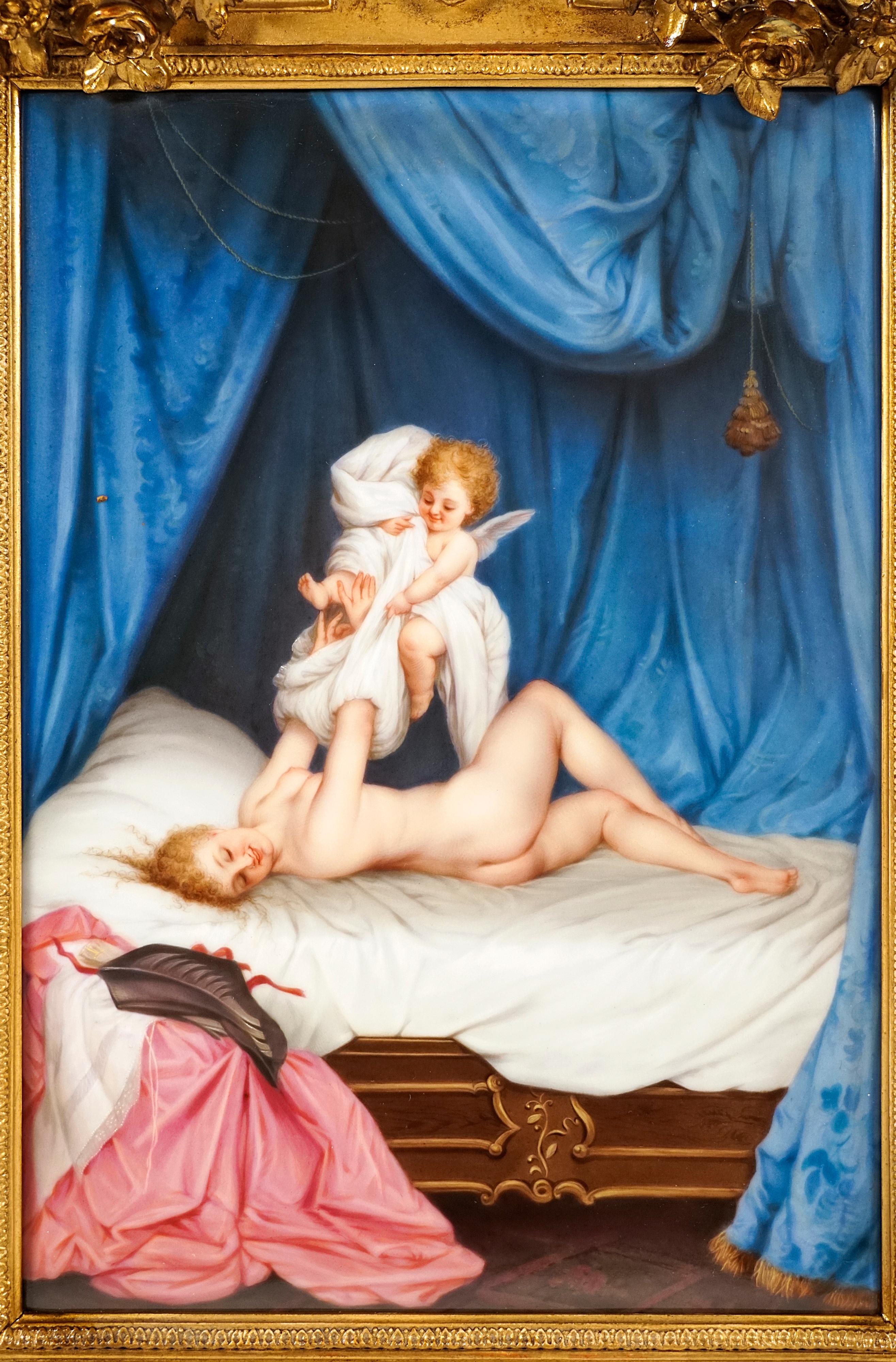 German KPM Berlin Porcelain Plaque 'Amor Undresses Venus' by Emil Ens, Ca 1860