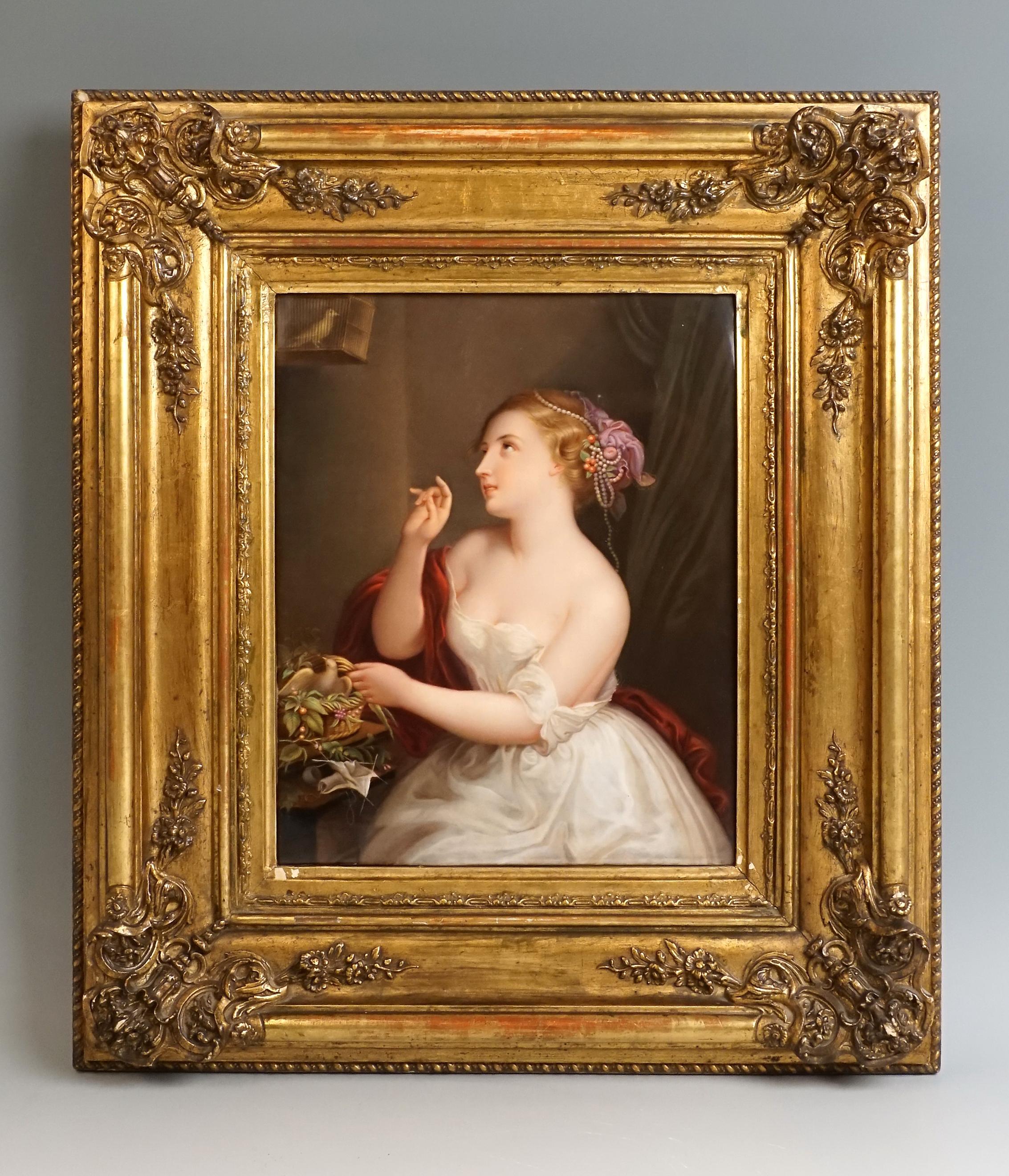 Exquisite porcelain painting in original gilded frame

Manufactory: KPM Royal Porcelain Manufactory Berlin, Germany
Dating: circa 1850
Material: porcelain, painted, glossy finish
Technique: handmade porcelain

Specifications:
Representation