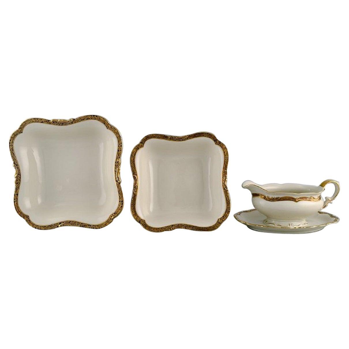 Kpm, Berlin, Royal Ivory Sauce Boat and Two Bowls in Cream-Colored Porcelain