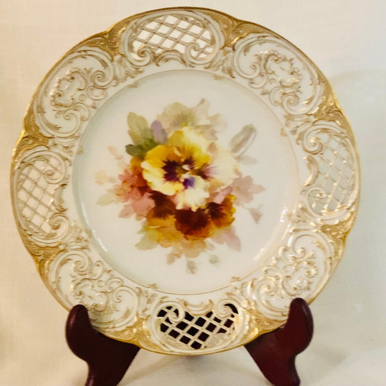 Romantic KPM Cabinet Plate with Intricate Reticulation and a Central Painting of Pansies For Sale