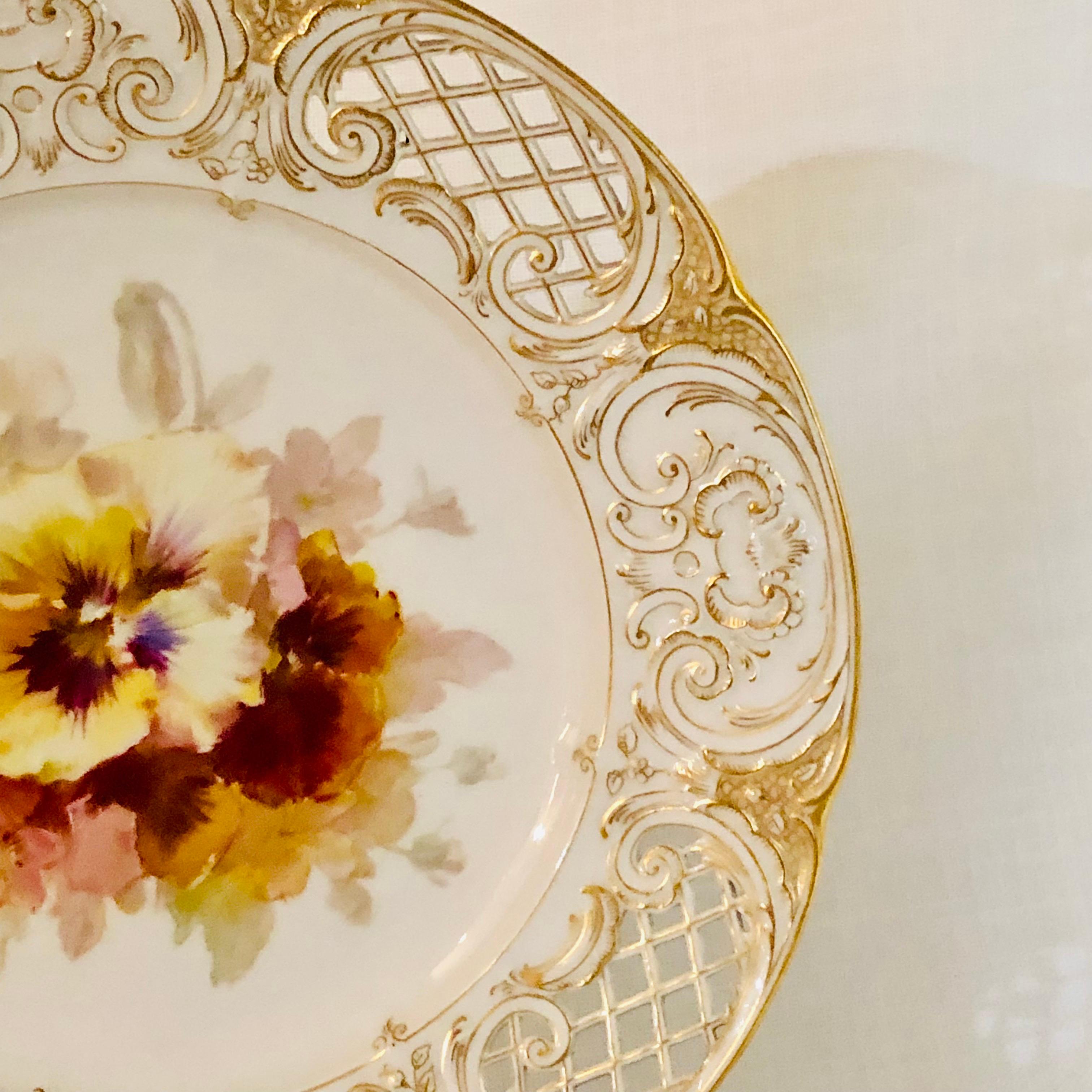 Porcelain KPM Cabinet Plate with Intricate Reticulation and a Central Painting of Pansies