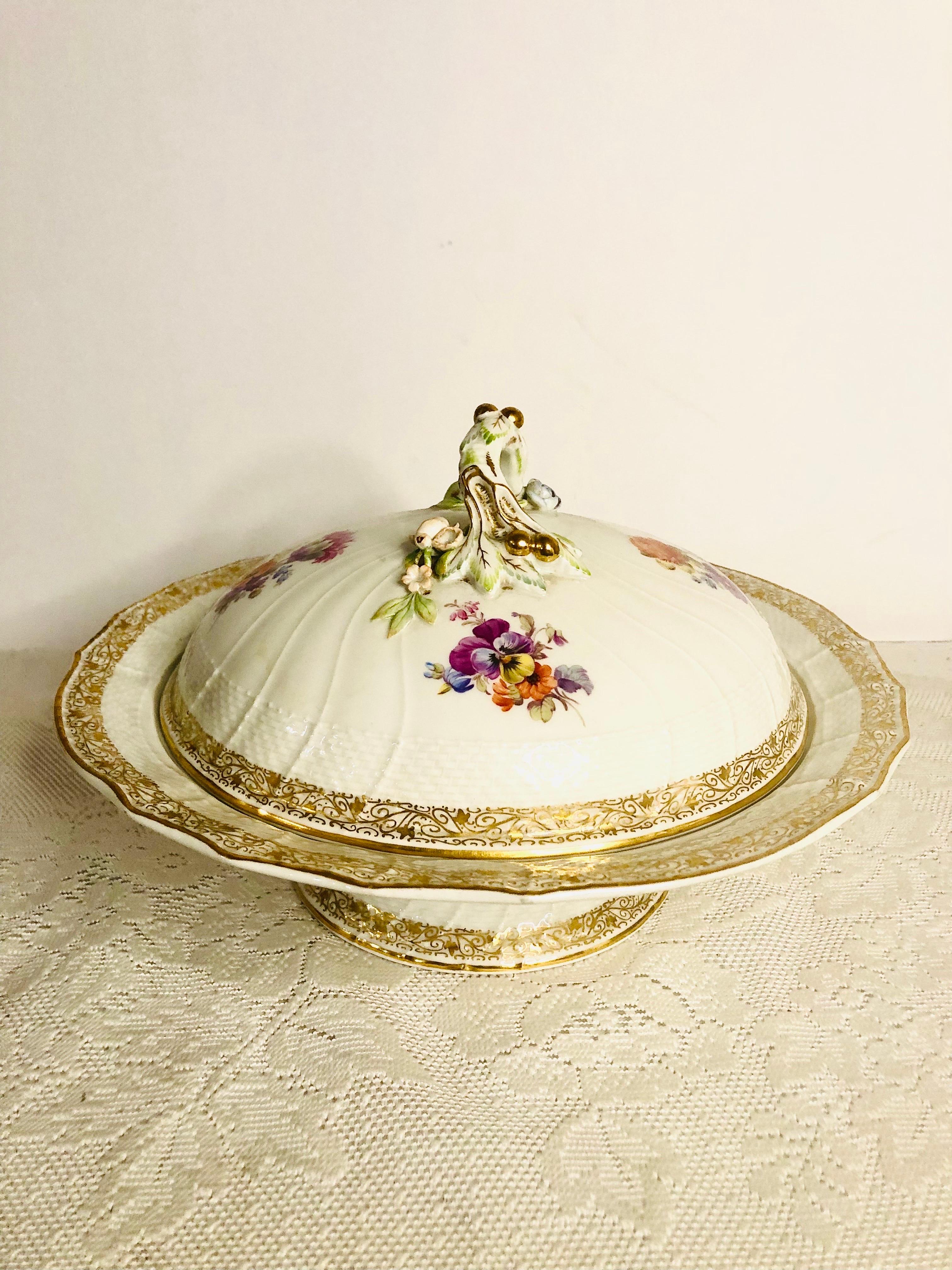 Romantic KPM Covered Bowl on a Pedestal With Raised Fruits and Roses and Painted Bouquets For Sale