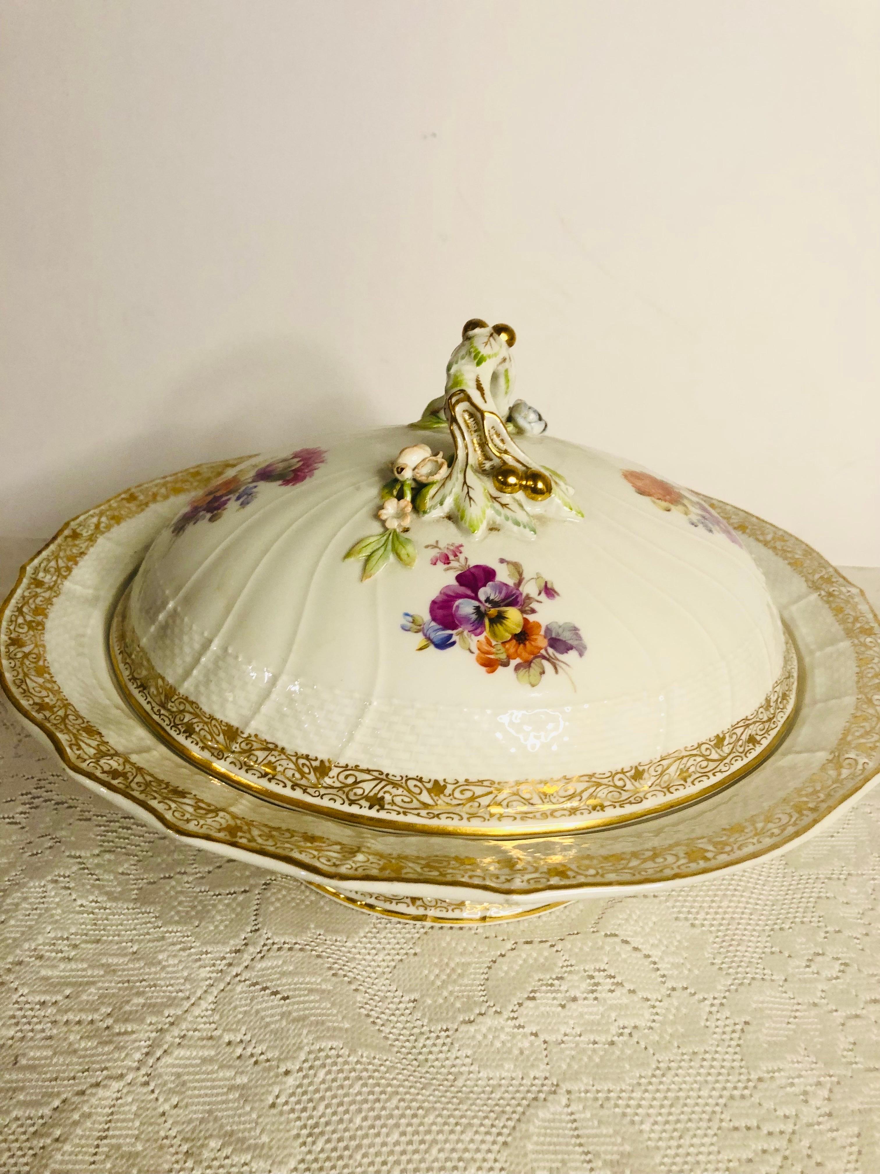 German KPM Covered Bowl on a Pedestal With Raised Fruits and Roses and Painted Bouquets For Sale
