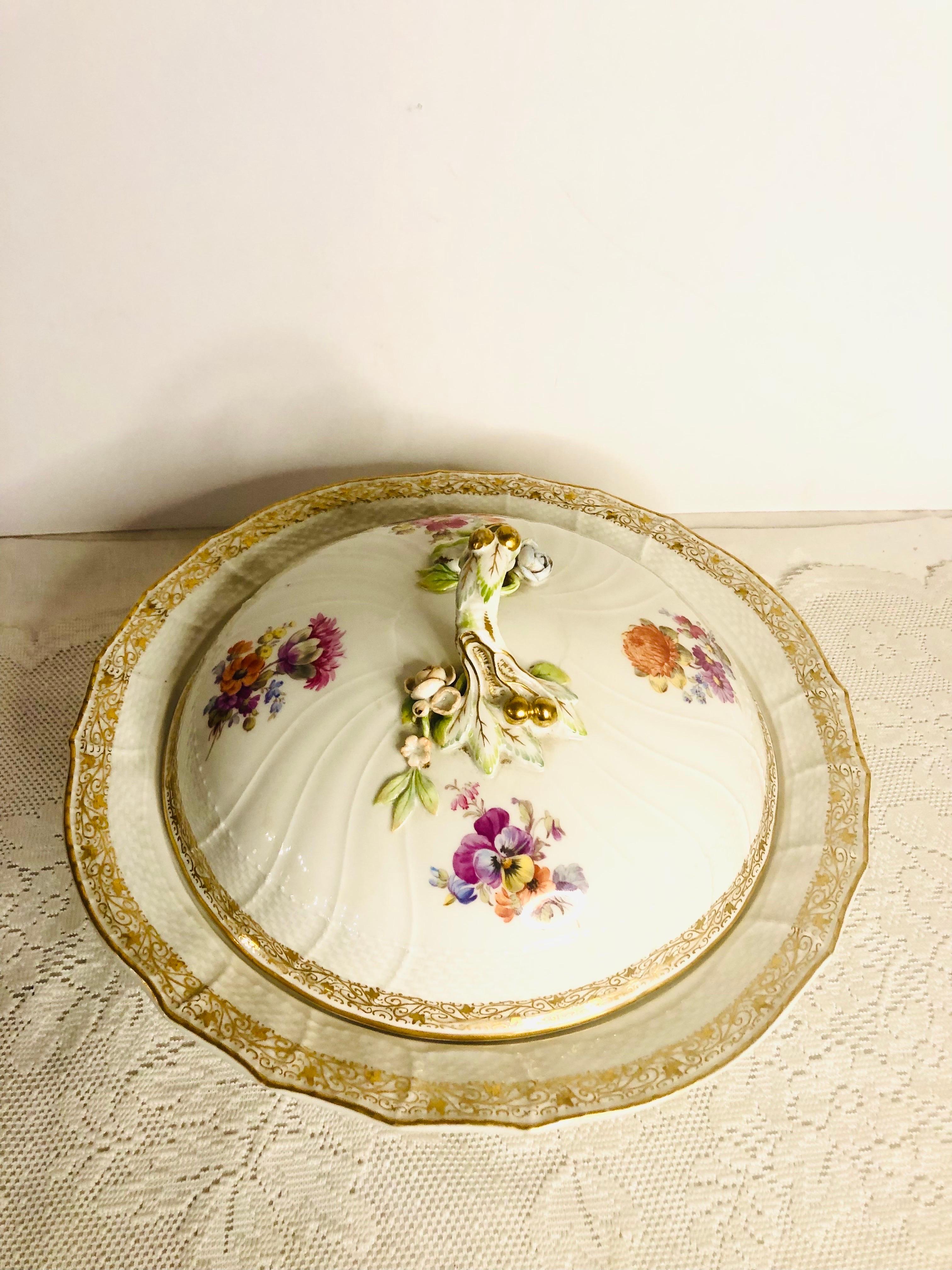 Hand-Painted KPM Covered Bowl on a Pedestal With Raised Fruits and Roses and Painted Bouquets For Sale