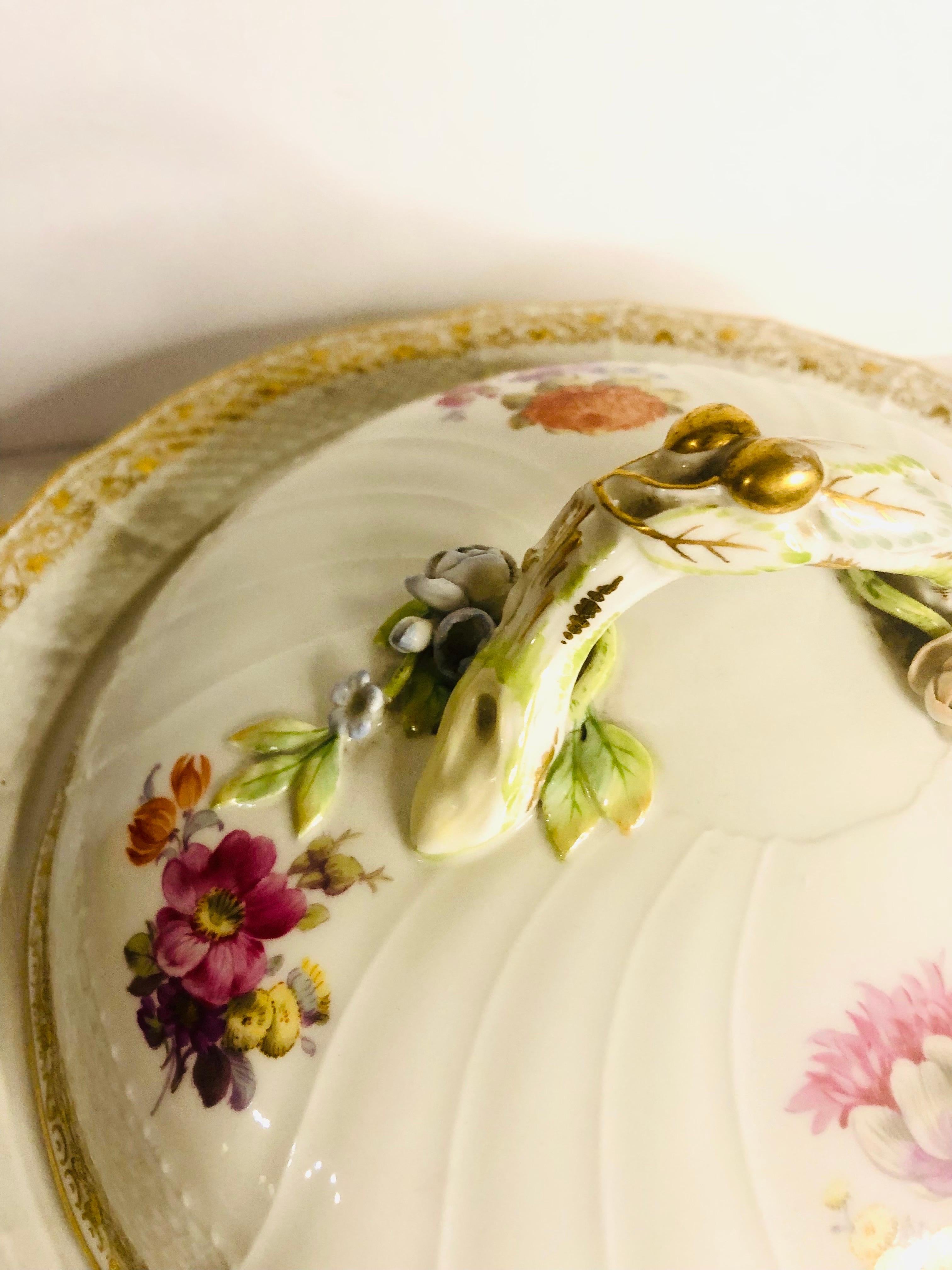 KPM Covered Bowl on a Pedestal With Raised Fruits and Roses and Painted Bouquets In Good Condition For Sale In Boston, MA