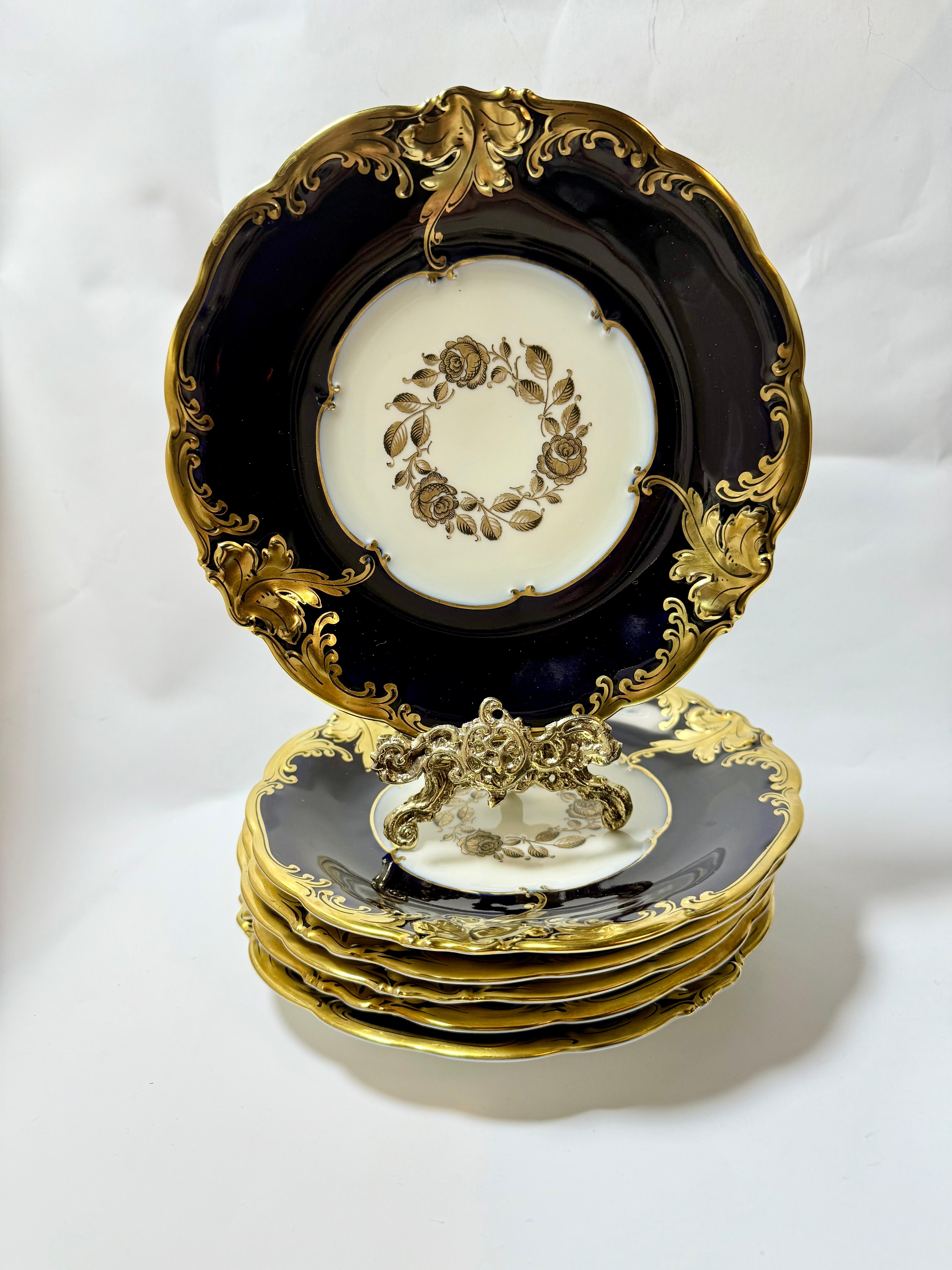 Allemand KPM Allemagne Friederike 6 assiettes latérales en or cobalt en vente
