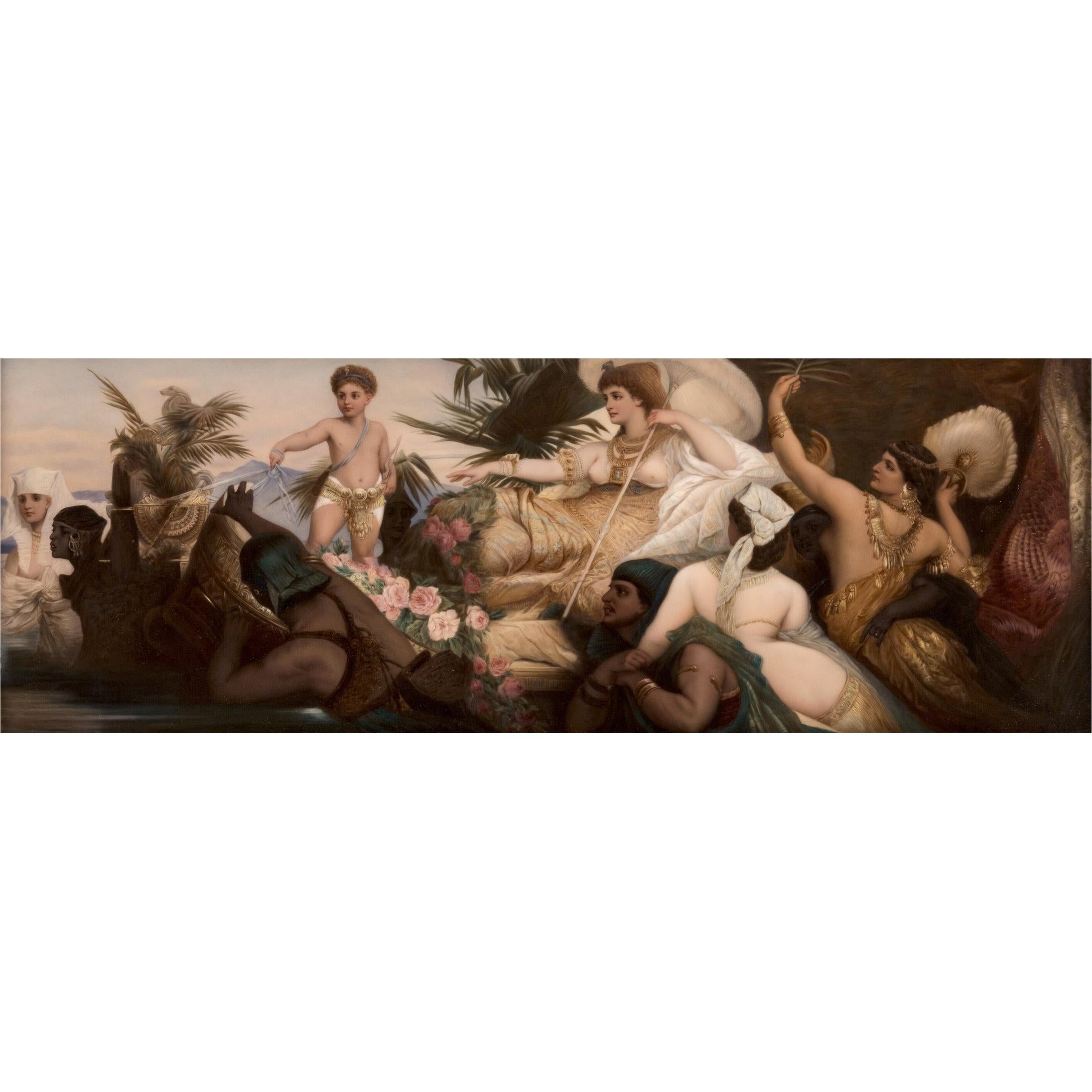 A fine quality KPM hand painted porcelain plaque in carved giltwood frame depicting Cleopatra on the Nile.

Artist: After Hans Makart 
Origin: German
Date: late 19 century
Dimension: Framed 15 1/4 x 29 inches; plaque 7 1/4 x 21 inches.