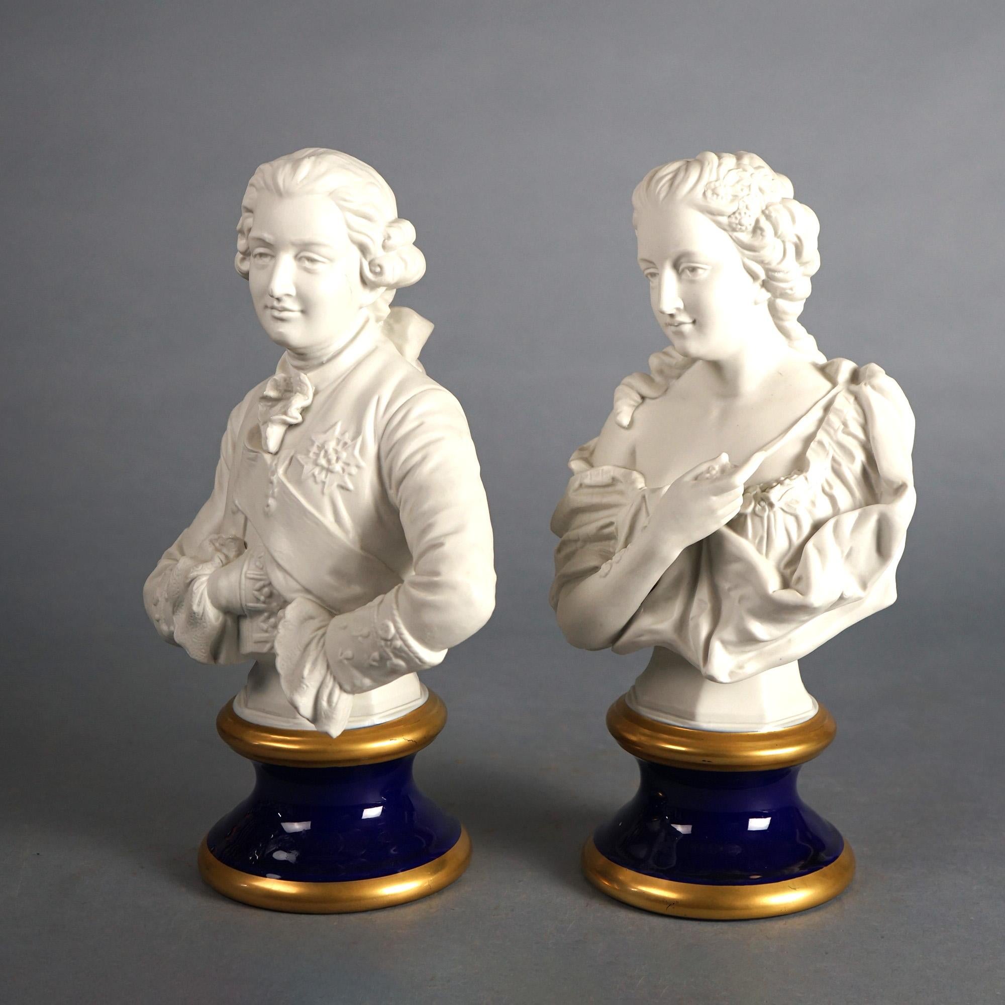 KPM Monet Bisque Porcelain Sculpture Portrait Busts of a French King & Queen on Gilt Decorated Plinths,  20thC

Measures- 12''H x 7''W x 4.25''D