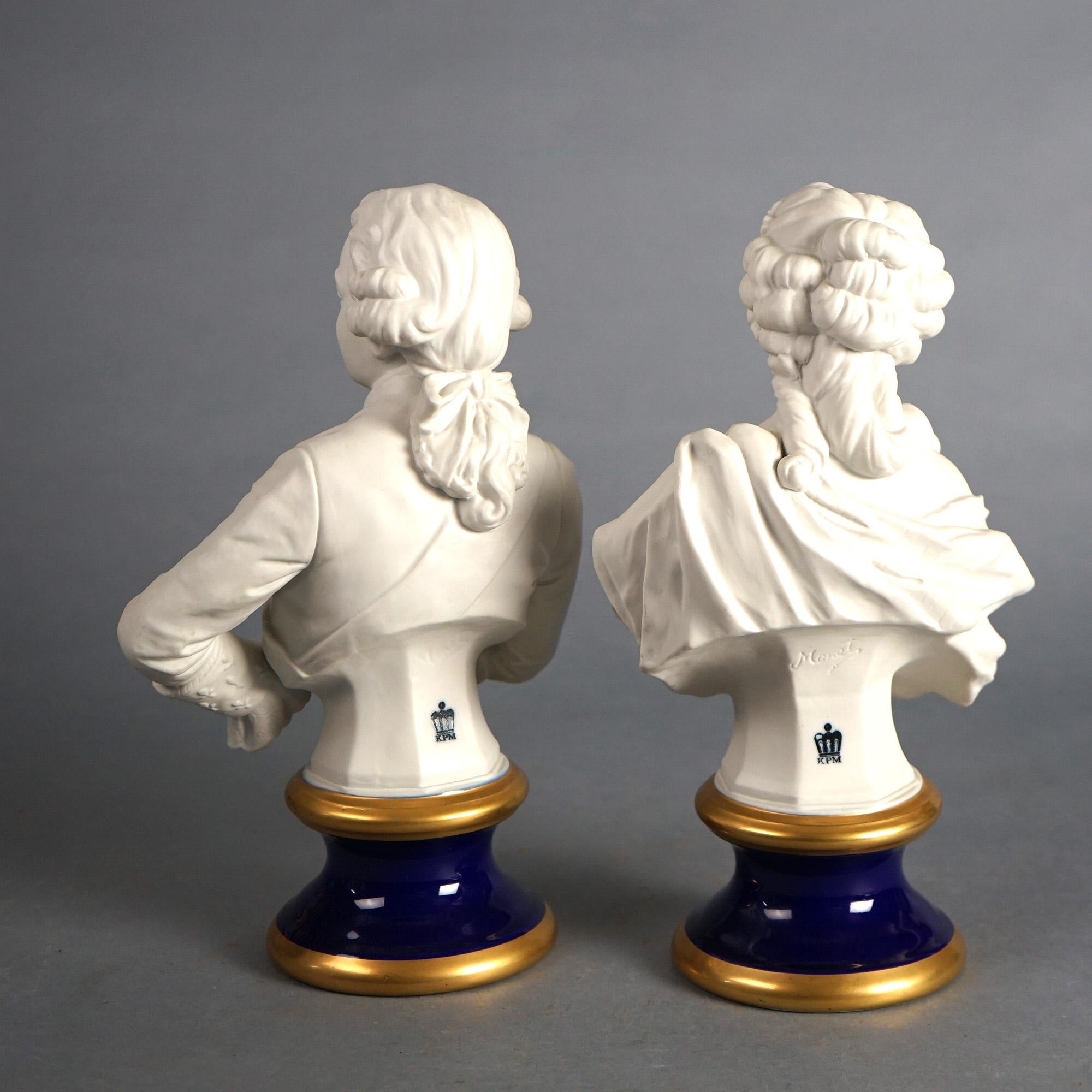 20th Century KPM Monet Bisque Porcelain Sculpture Portrait Busts, French King & Queen, 20thC