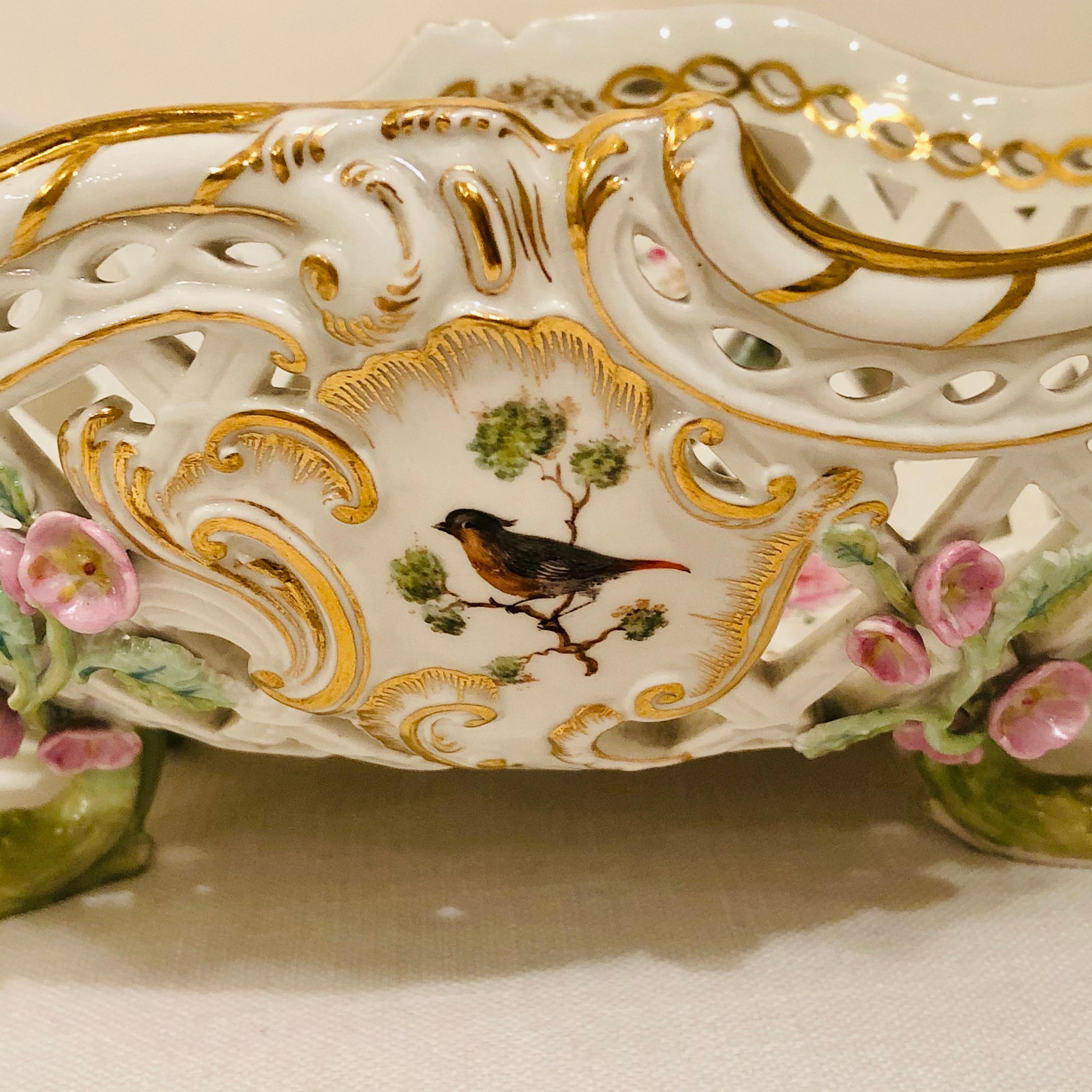 KPM Openwork Bowl with Raised Pink Flowers and Painted Birds on Both Sides For Sale 2