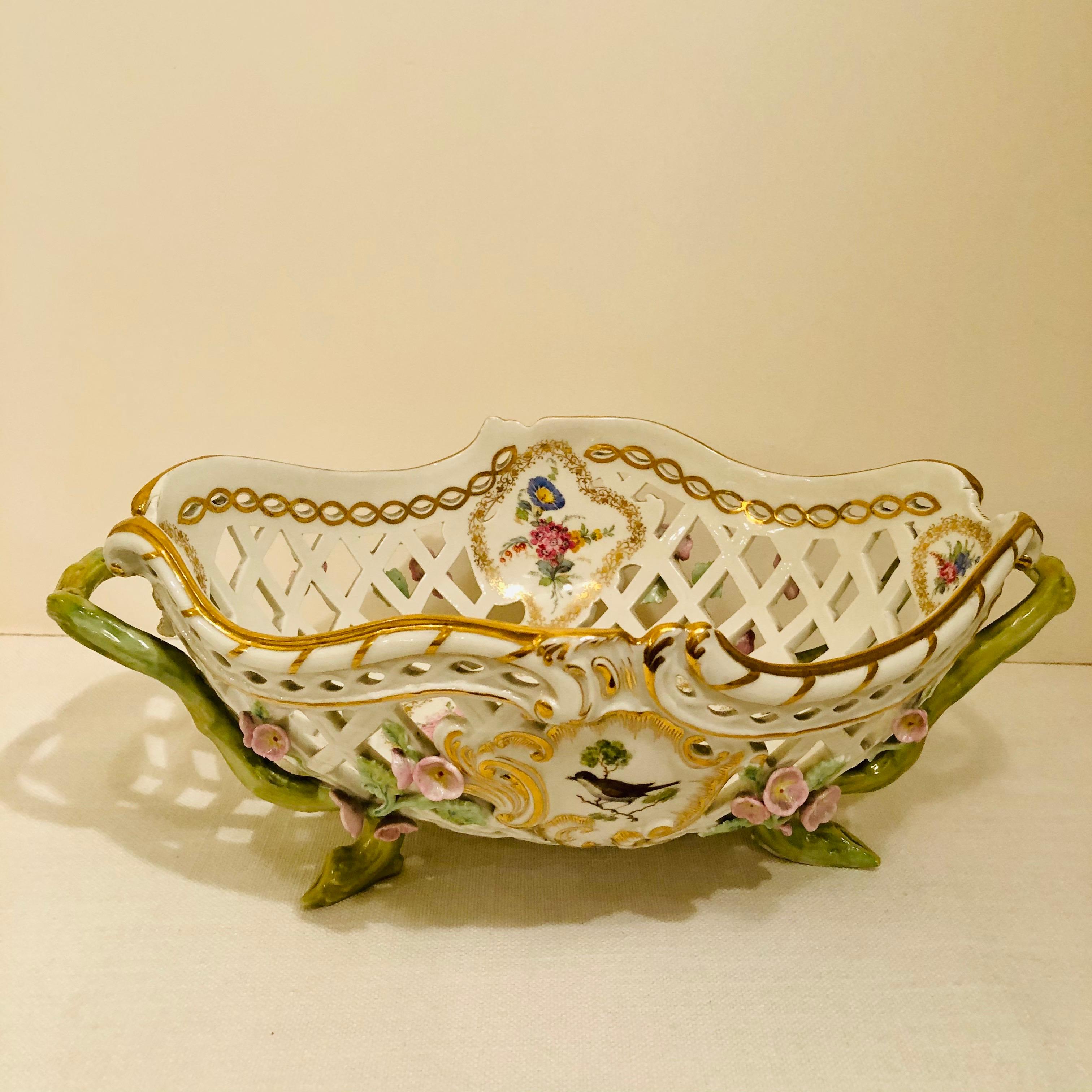 KPM Openwork Bowl with Raised Pink Flowers and Painted Birds on Both Sides For Sale 4