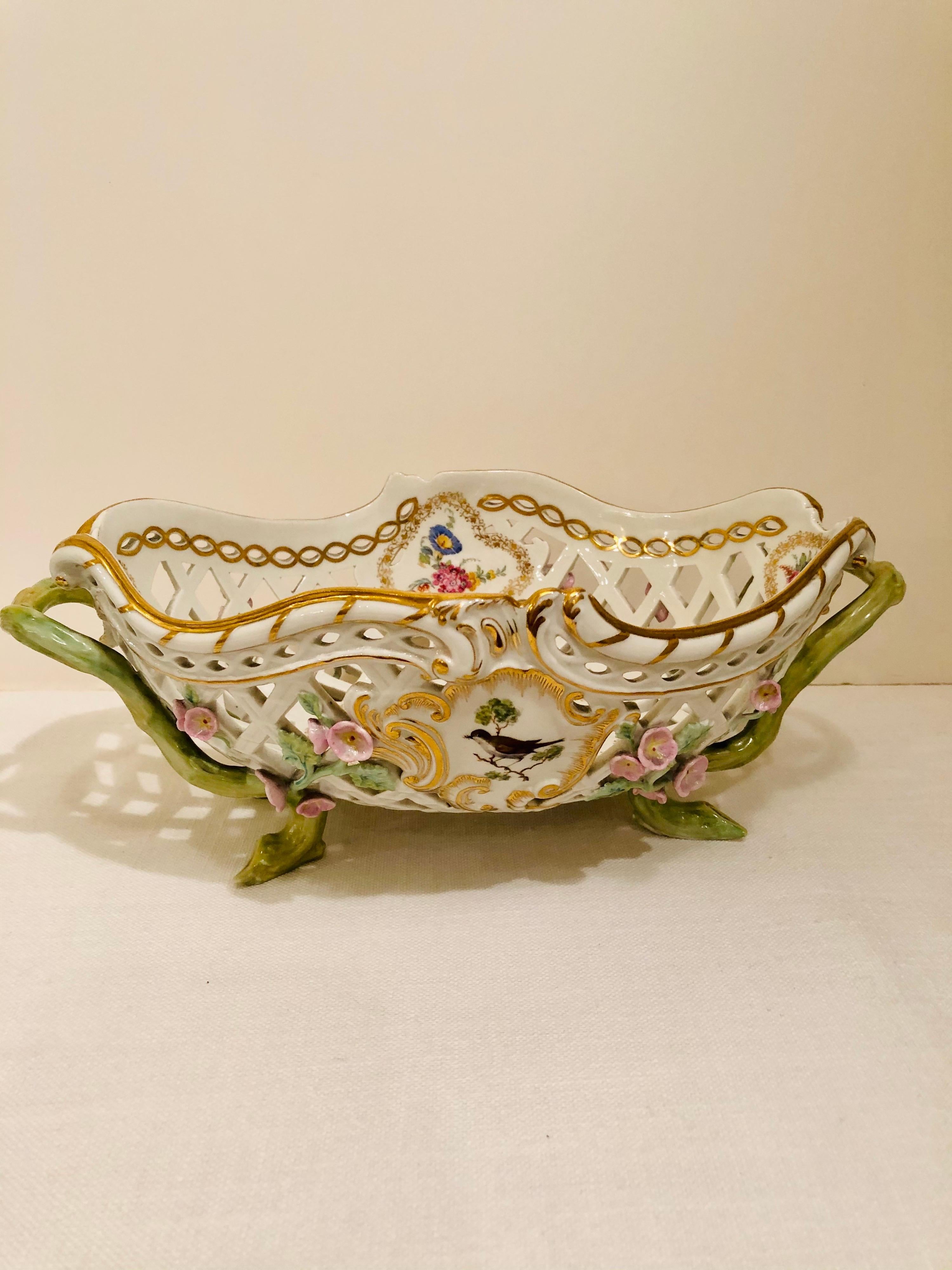 KPM Openwork Bowl with Raised Pink Flowers and Painted Birds on Both Sides For Sale 5
