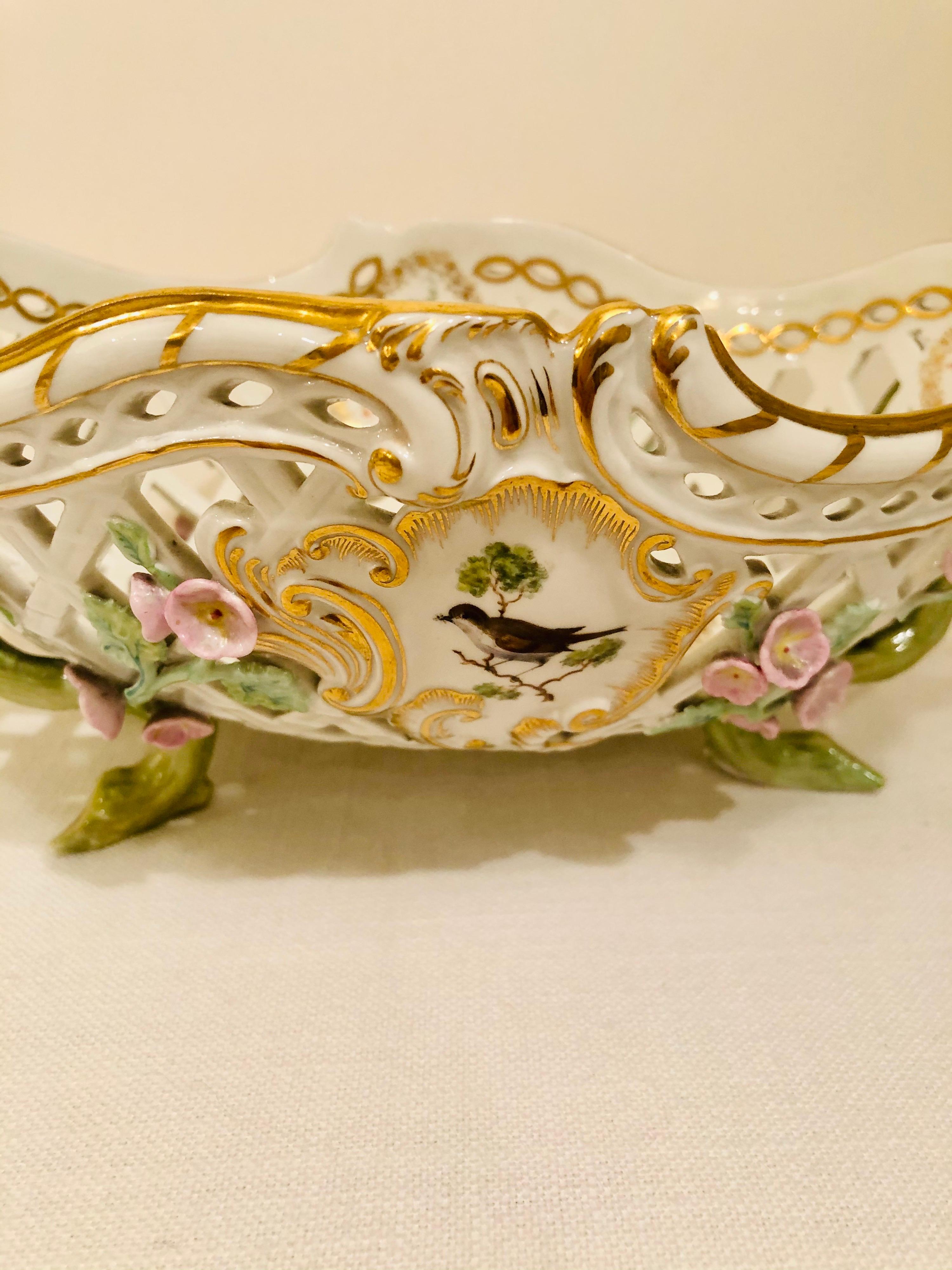 KPM Openwork Bowl with Raised Pink Flowers and Painted Birds on Both Sides For Sale 6
