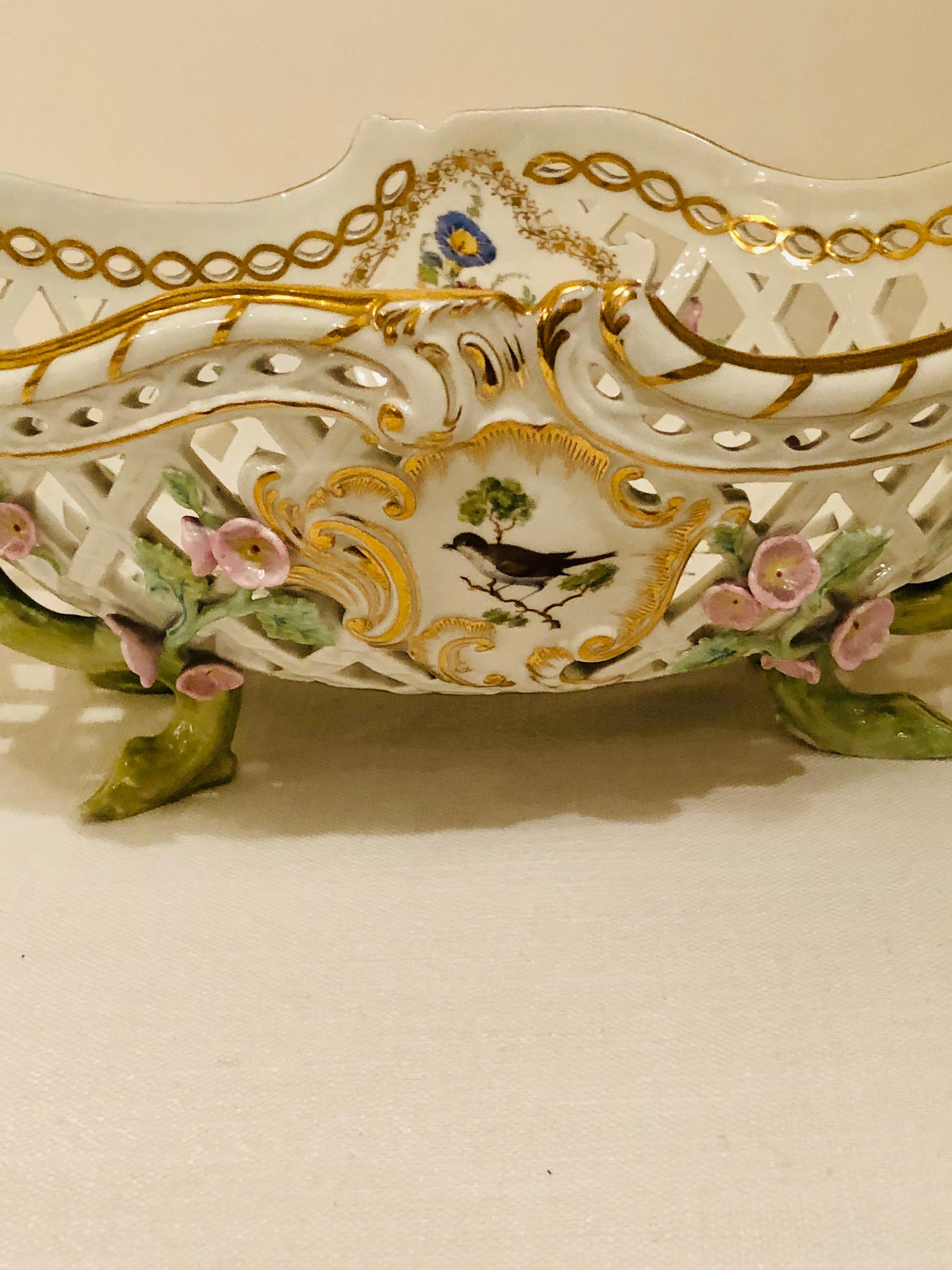 KPM Openwork Bowl with Raised Pink Flowers and Painted Birds on Both Sides For Sale 7