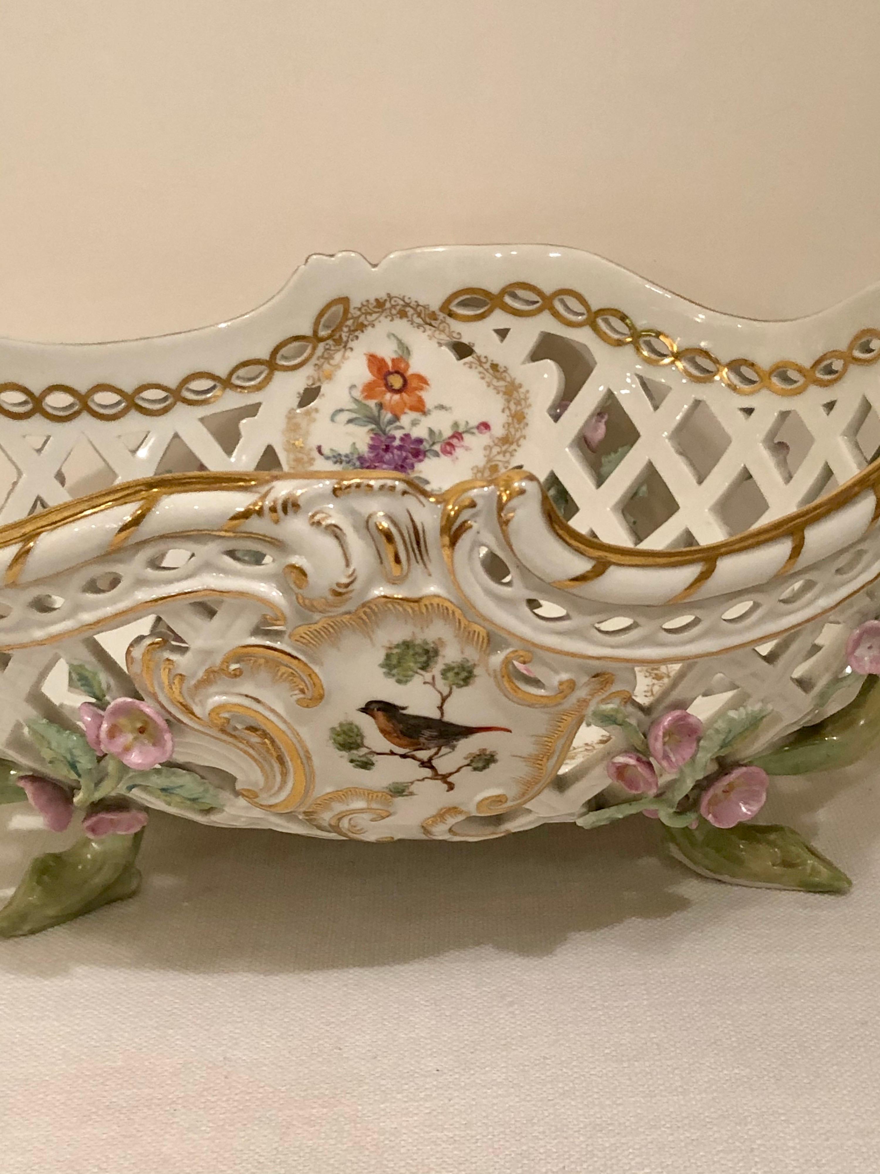 KPM Openwork Bowl with Raised Pink Flowers and Painted Birds on Both Sides For Sale 8
