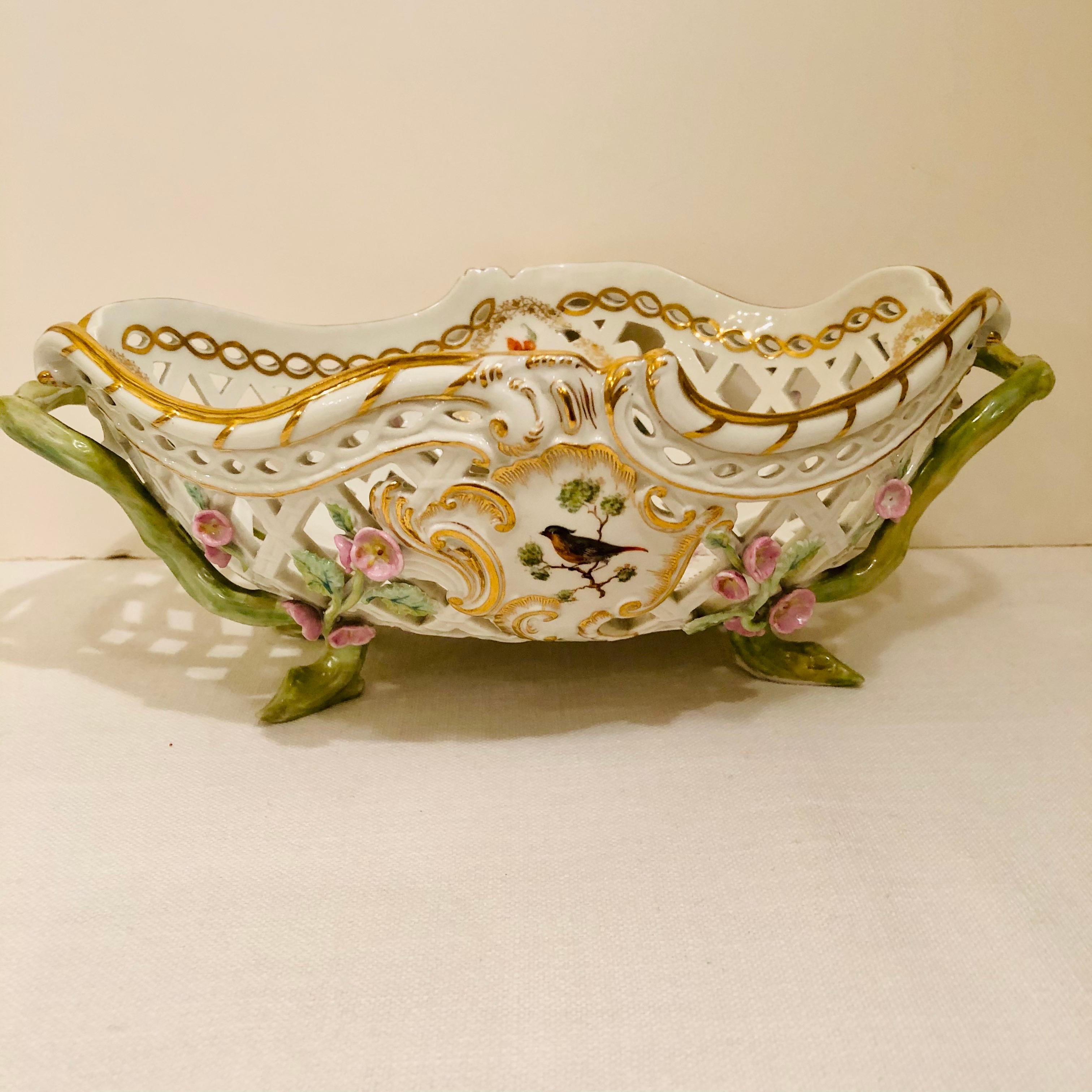 KPM Openwork Bowl with Raised Pink Flowers and Painted Birds on Both Sides For Sale 10