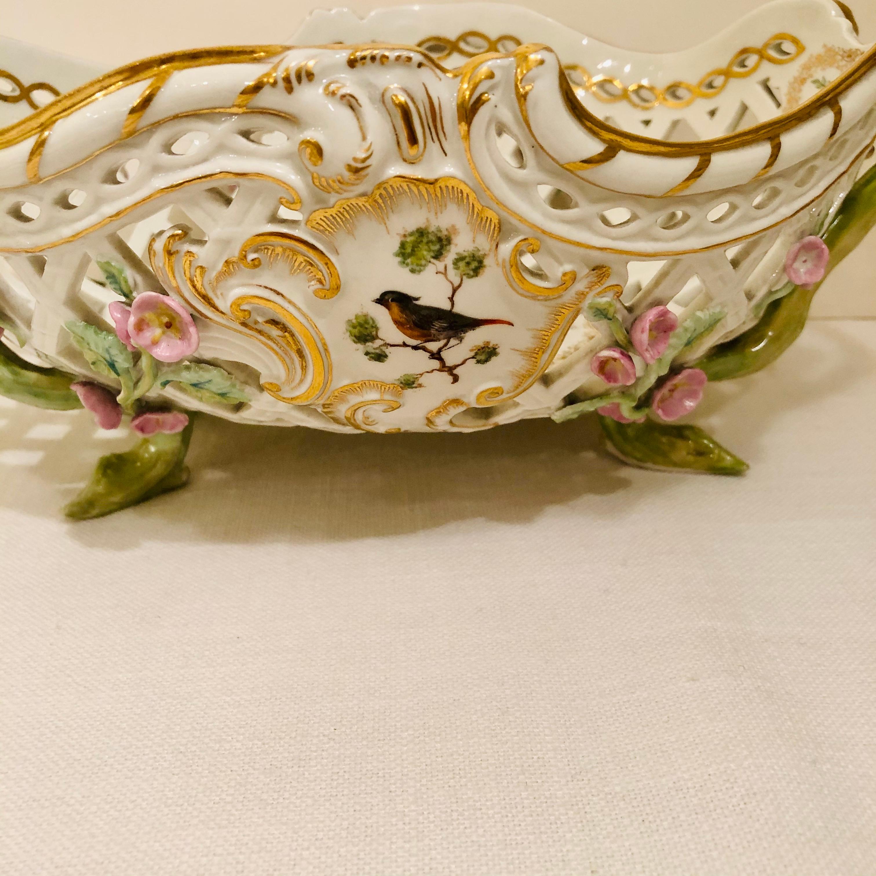 KPM Openwork Bowl with Raised Pink Flowers and Painted Birds on Both Sides For Sale 11
