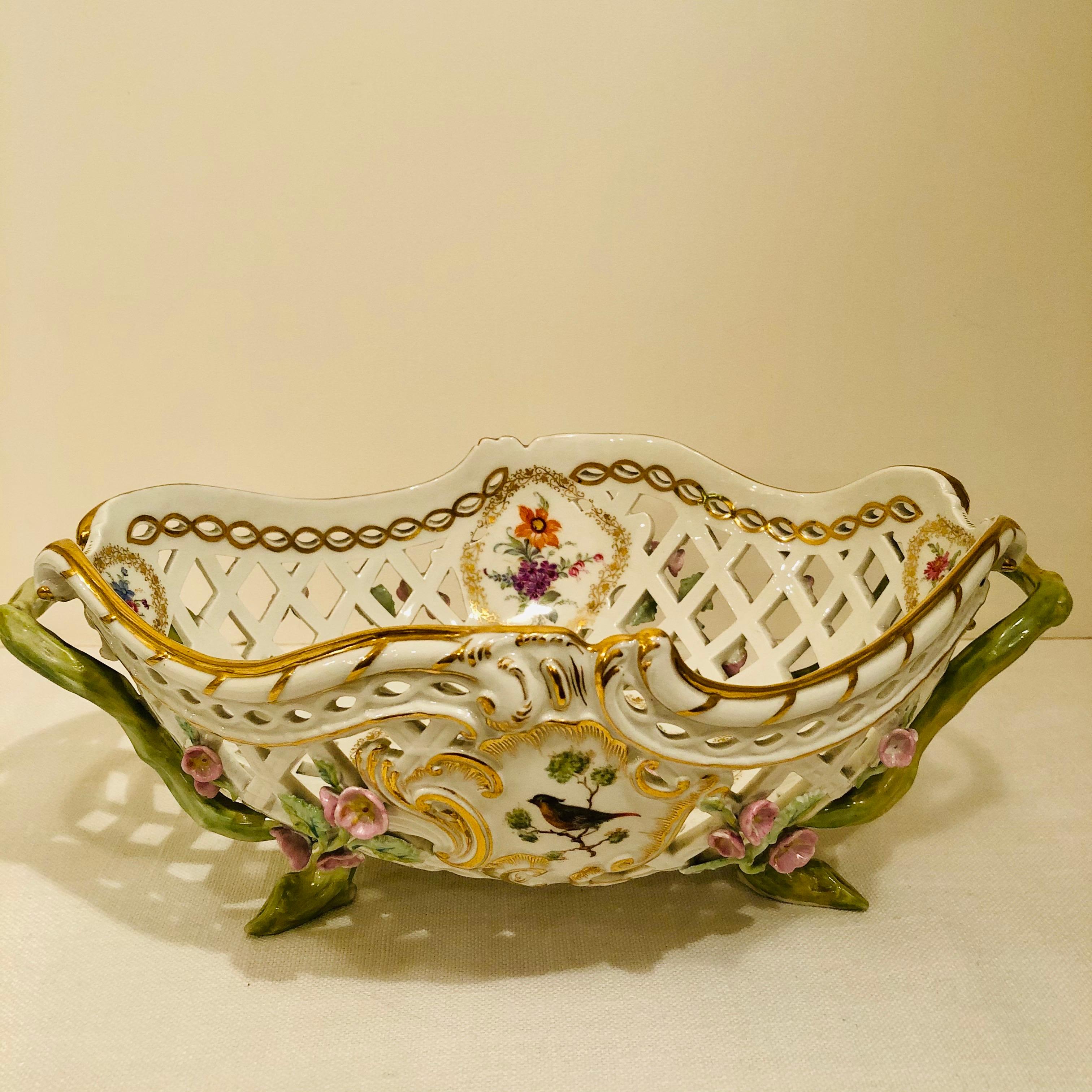 Romantic KPM Openwork Bowl with Raised Pink Flowers and Painted Birds on Both Sides For Sale