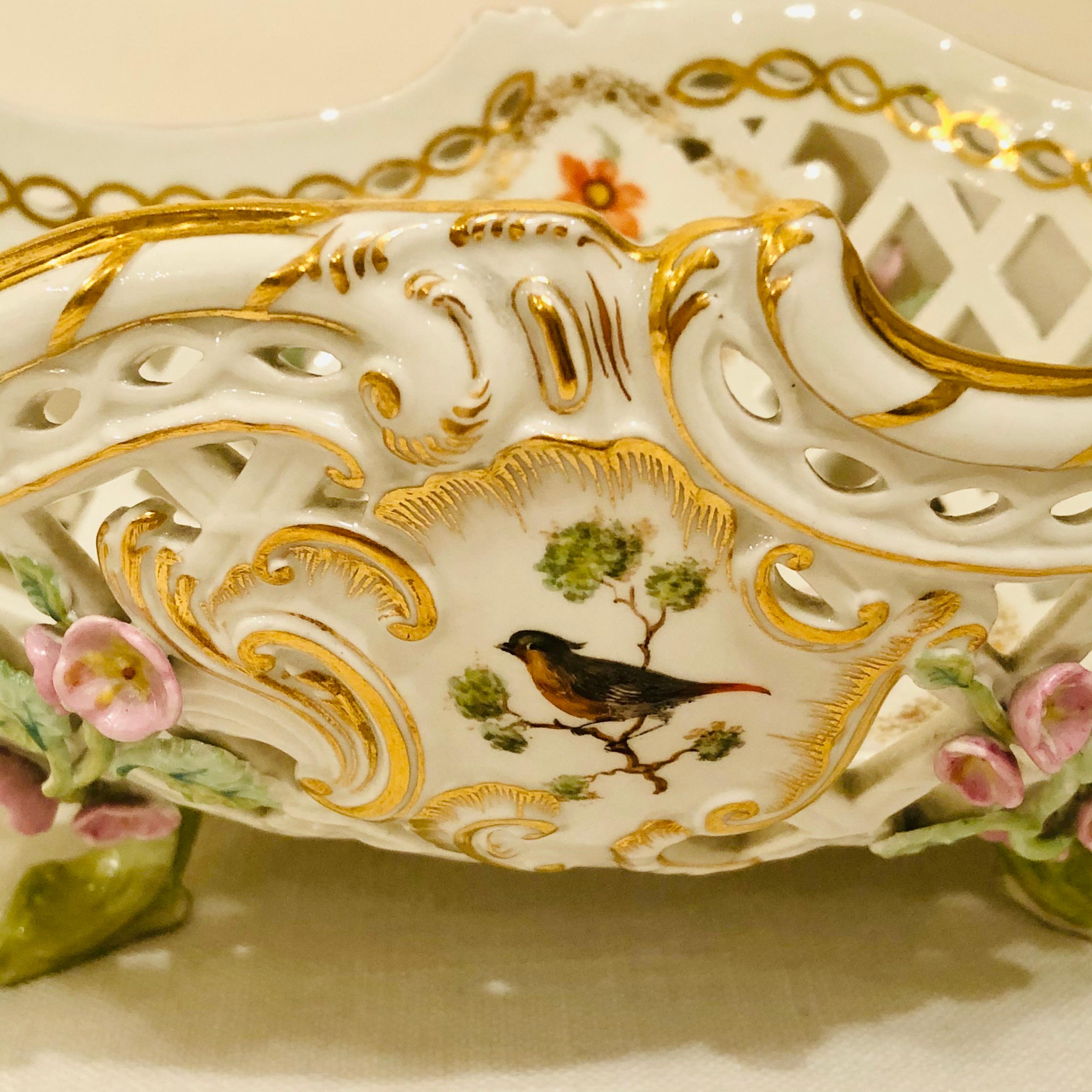German KPM Openwork Bowl with Raised Pink Flowers and Painted Birds on Both Sides For Sale