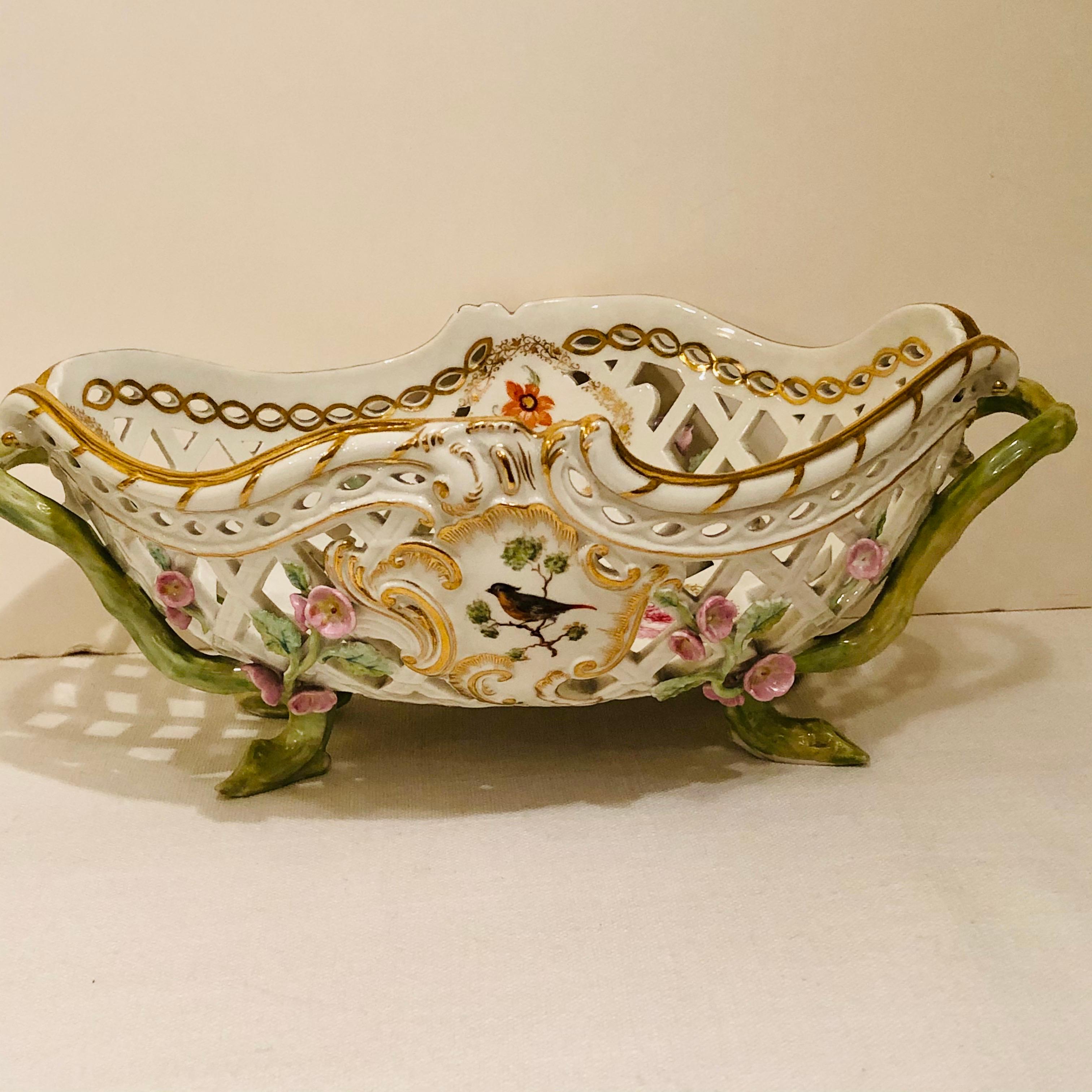 Hand-Painted KPM Openwork Bowl with Raised Pink Flowers and Painted Birds on Both Sides For Sale