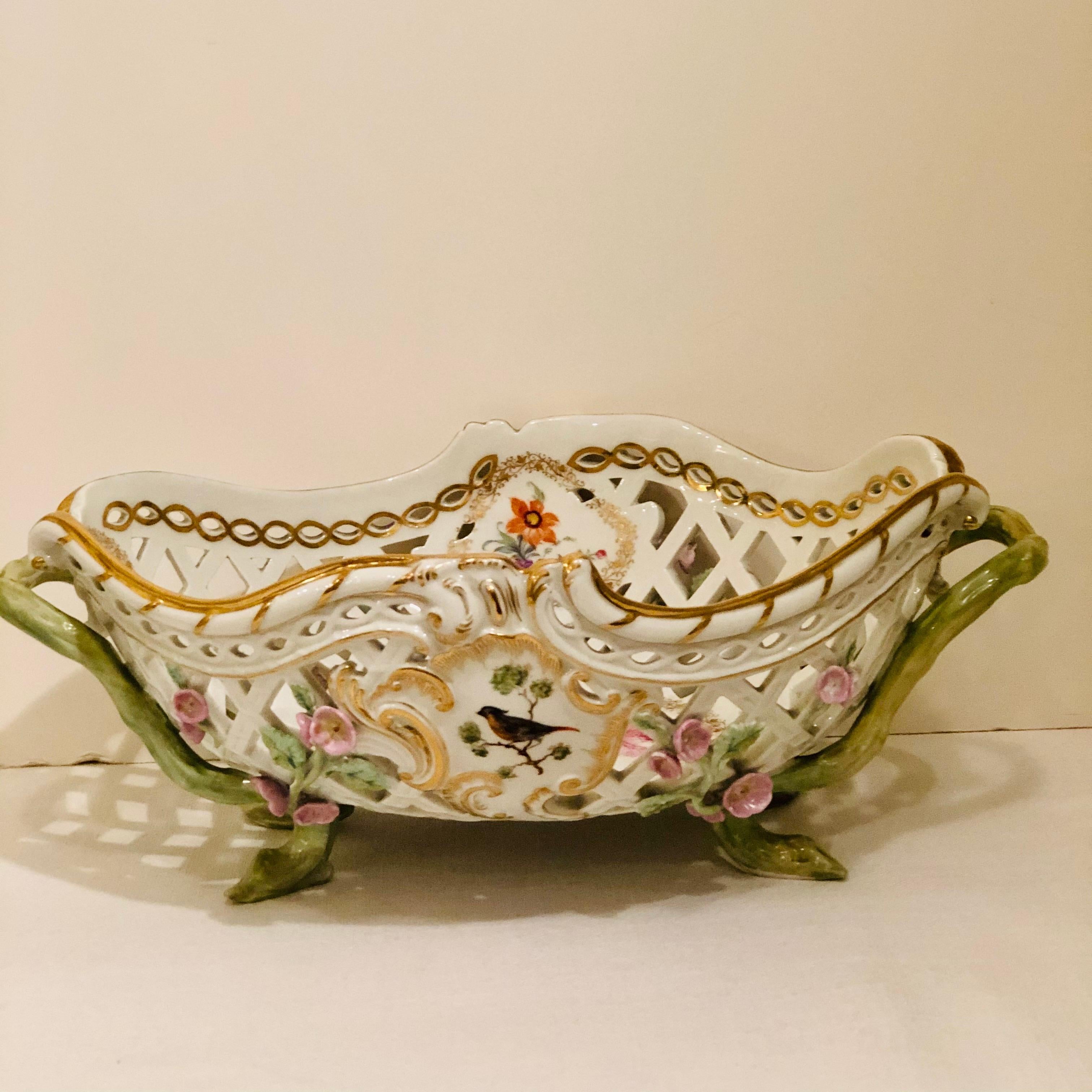 KPM Openwork Bowl with Raised Pink Flowers and Painted Birds on Both Sides In Good Condition For Sale In Boston, MA