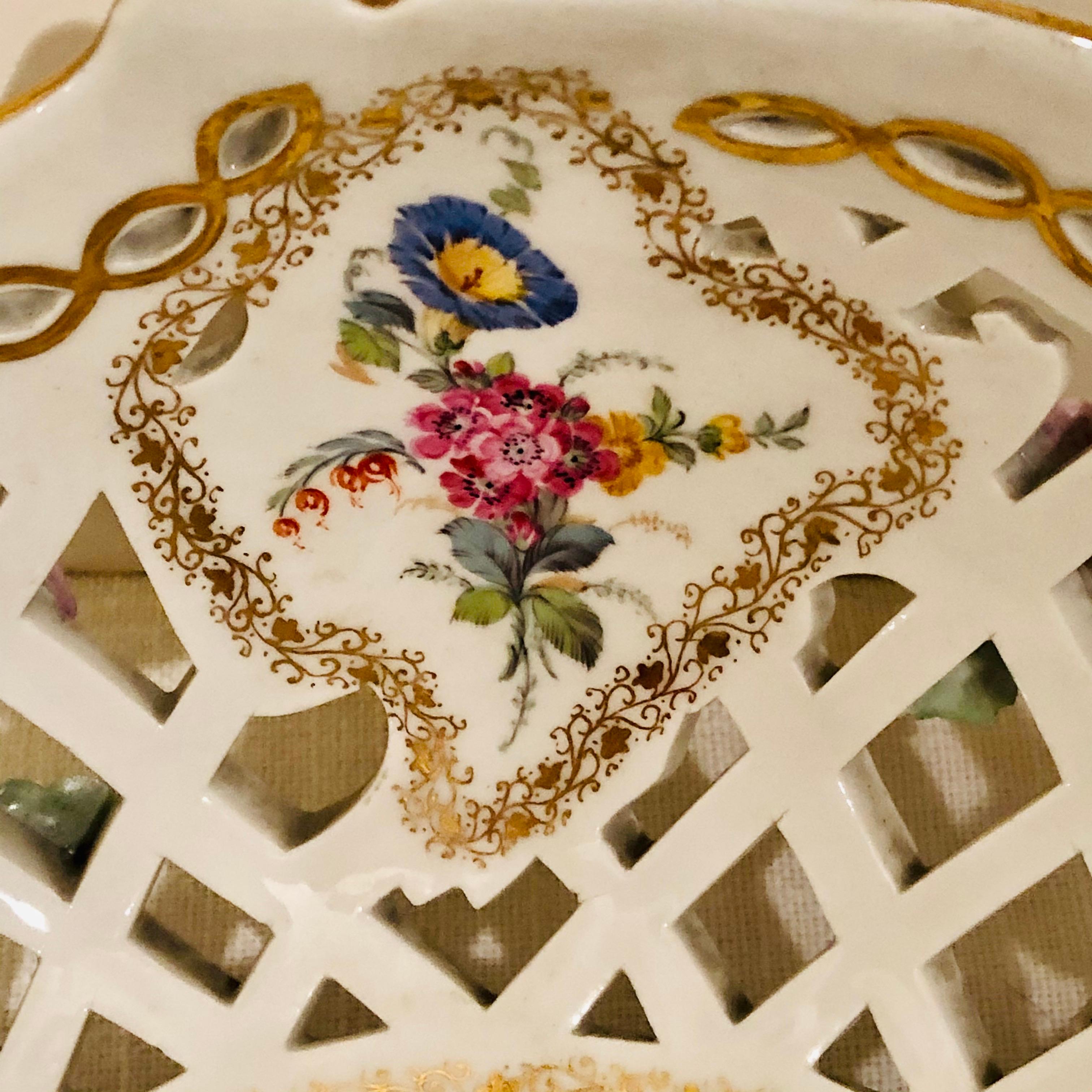 Porcelain KPM Openwork Bowl with Raised Pink Flowers and Painted Birds on Both Sides For Sale